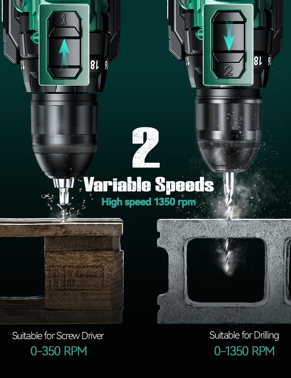 KIMO 20V Cordless Drill Set with 2 Packs 2.0Ah Battery, Max 350 In-lb Torque, 1350 RPM, 3/8" Keyless Chuck, 18+2 Clutch Setting, 18pcs Accessories, Power Drill for Drilling Wood Bricks Walls Metal