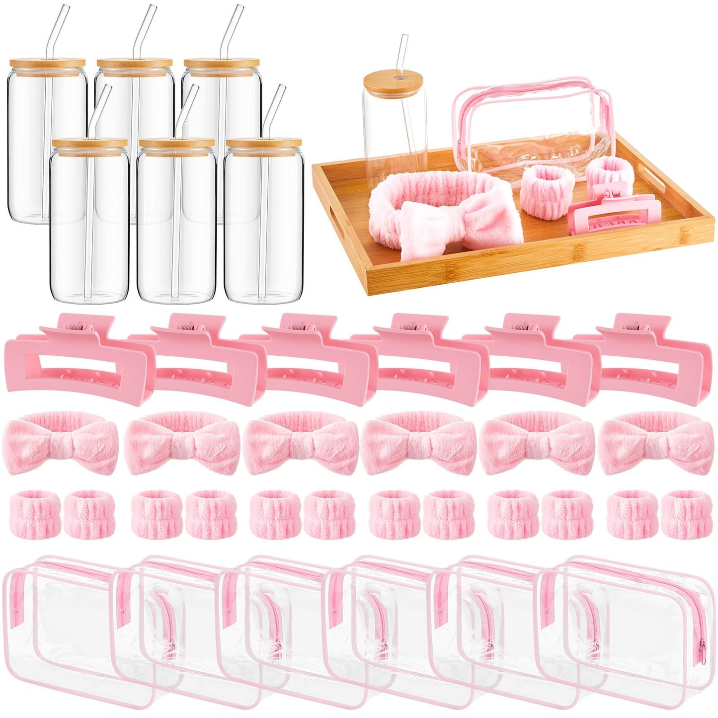 FoldTier 36 Pcs Spa Sleepover Party Favors Include 16oz Glass Cups With Bamboo Lids and Straws, Pink Headbands, Wristbands, Hair Claw Clips and Clear Cosmetic Bag for Girls Slumber Weekend Party Gifts