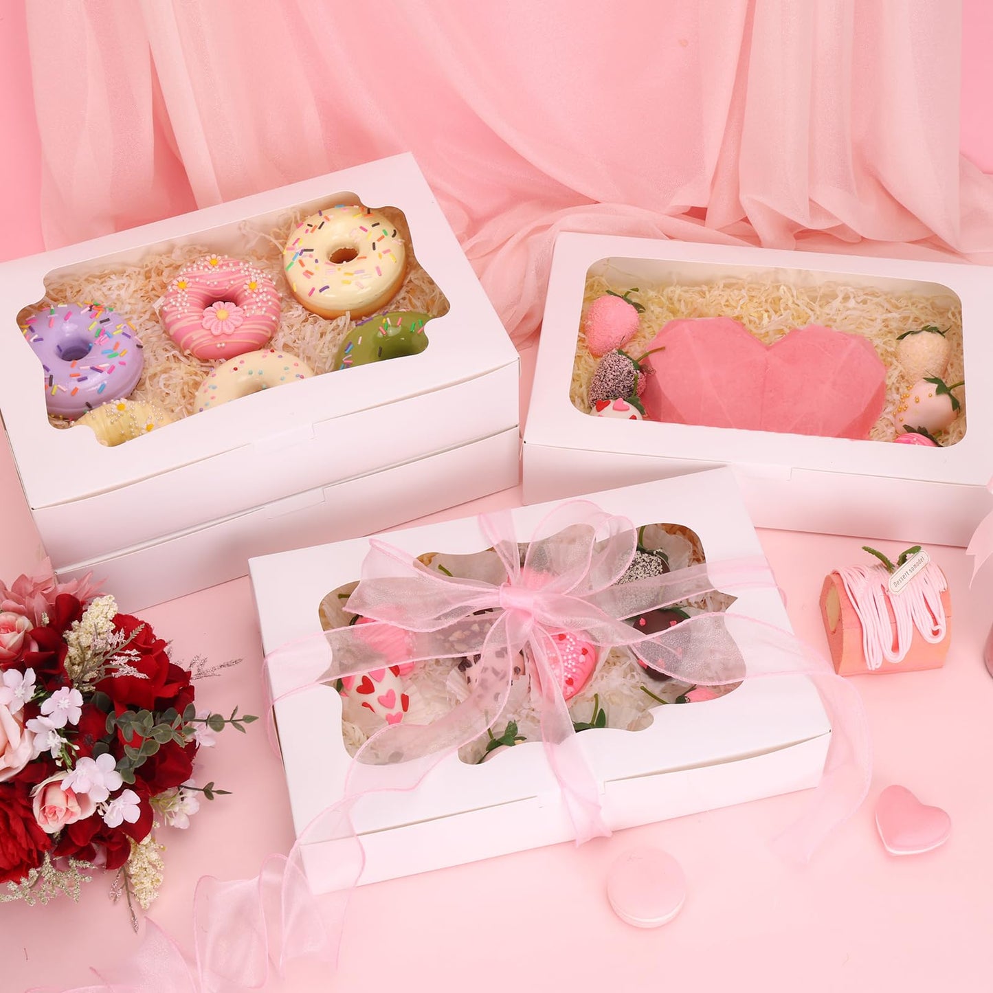 TOMNK 80pcs Cookie Boxes with Window, 12x8x2.5 Inches 4 Style Bakery Boxes, Large White Treat Containers for Chocolate Strawberries, Cakes, Donuts, Muffins and Pastries