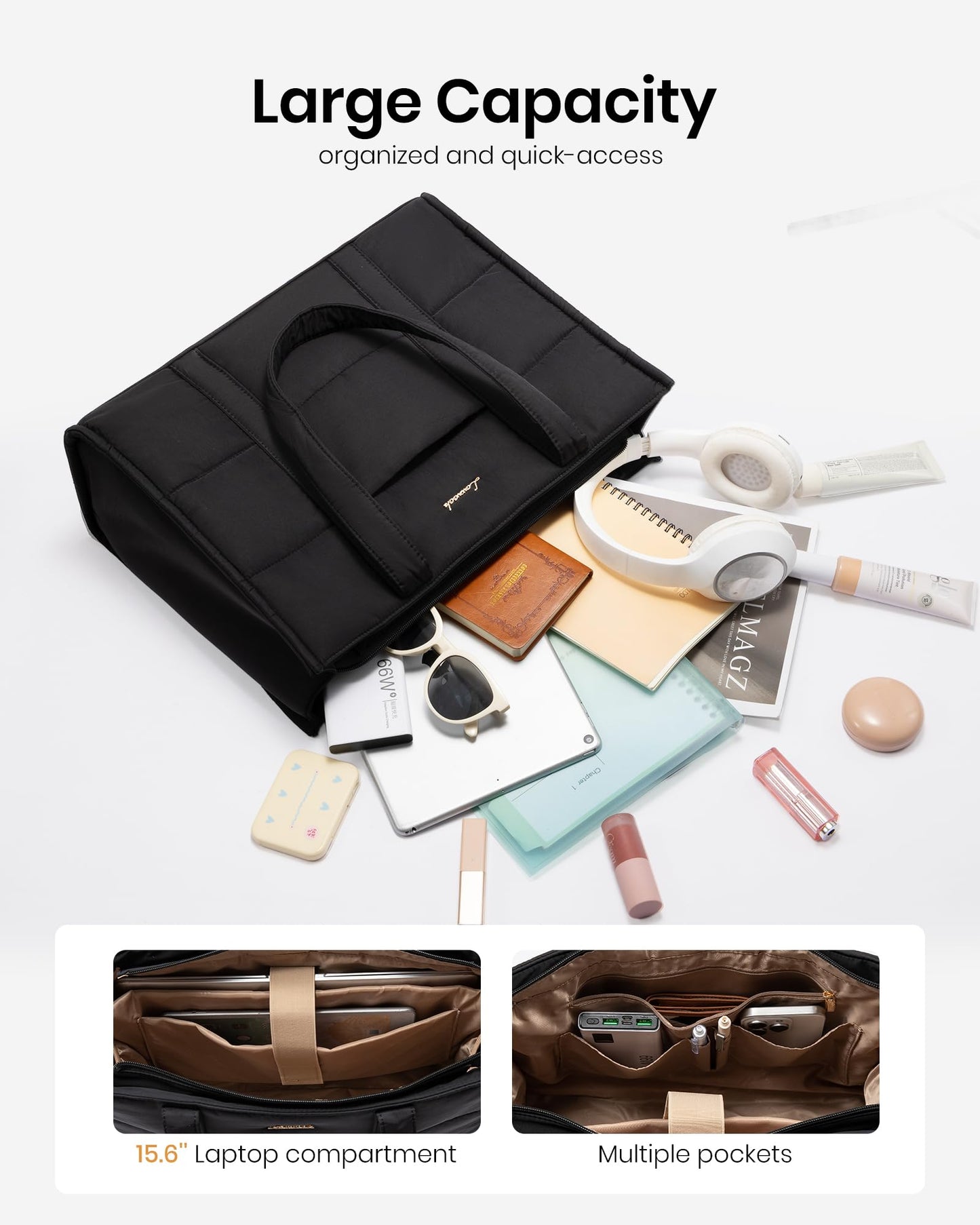 LOVEVOOK Laptop Bag for Women, Puffer Tote Bag for Work 15.6 Inch Large Computer Briefcase for Teacher Nurse, Quilted Lightweight Casual Shoulder Bag For Travel, Daily