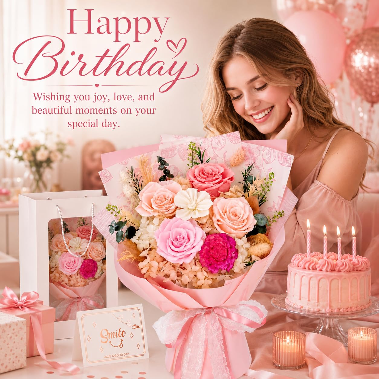 Pink Preserved Flowers Bouquet, Eternal Real Flower for Women Real Roses That Last 3 Years Handmade Floral Arrangement for Mother's Day Birthday Gifts Anniversary Surprise for Mom Women Her