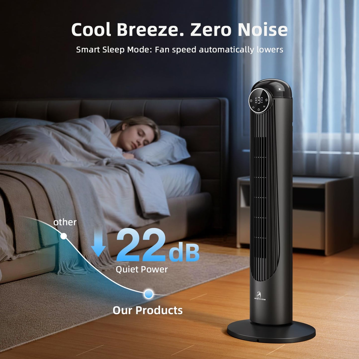 Antarctic Star T36 Tower Fan-36 Inch, Bladeless Oscillating Fan with Remote, 6 Speeds & 4 Modes, LED Display, 9H Timer, Quiet Floor Standing Fan for Bedroom Living Room Office, Black
