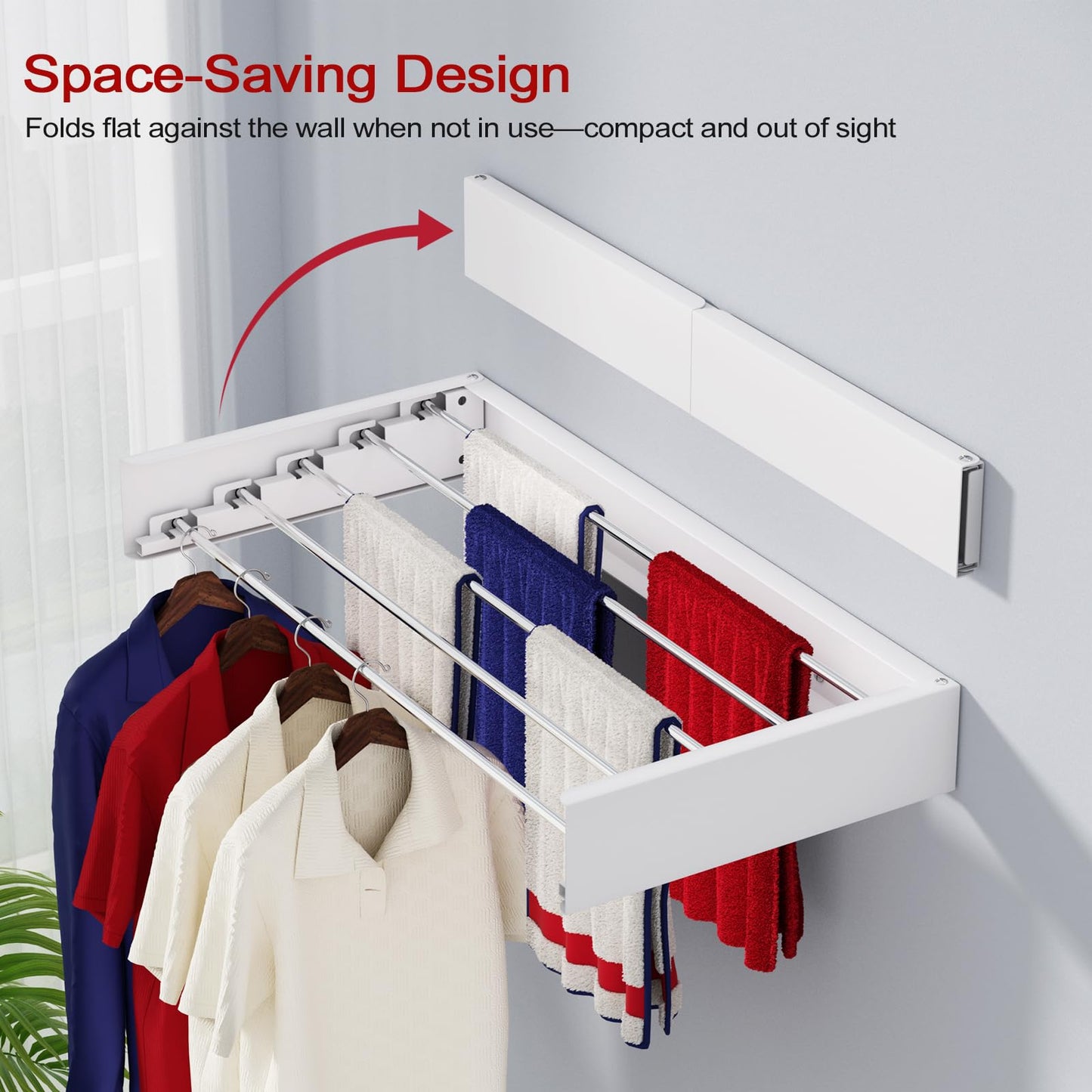 SOLVESTIS Wall Mounted Drying Rack 31.5", Foldable Laundry Drying Rack with Stainless Steel Rods, Retractable Laundry Space Saver for Indoor & Outdoor Use, Include Wall Template