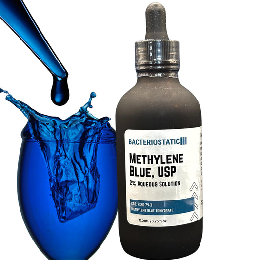 2% Methylene Blue Trihydrate USP 2200 mg, 3.75 oz USA Produced Pharmaceutical Grade Glass Bottle and Glass Dropper.