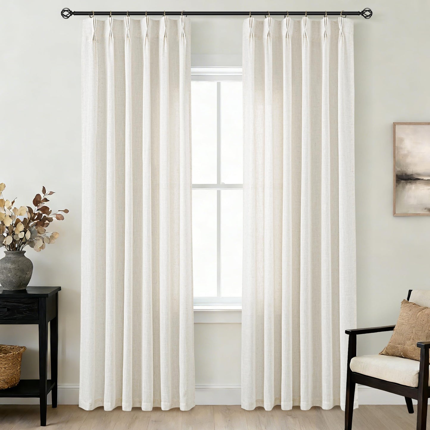 Triple Pinch Pleated 90 inch Long Linen Curtains 2 Panels Set for Living Room Track System Curtains Neutral Modern Farmhouse Light Filtering Semi Sheer Linen Blend Pinch Pleat Drapes 90 Length Cream