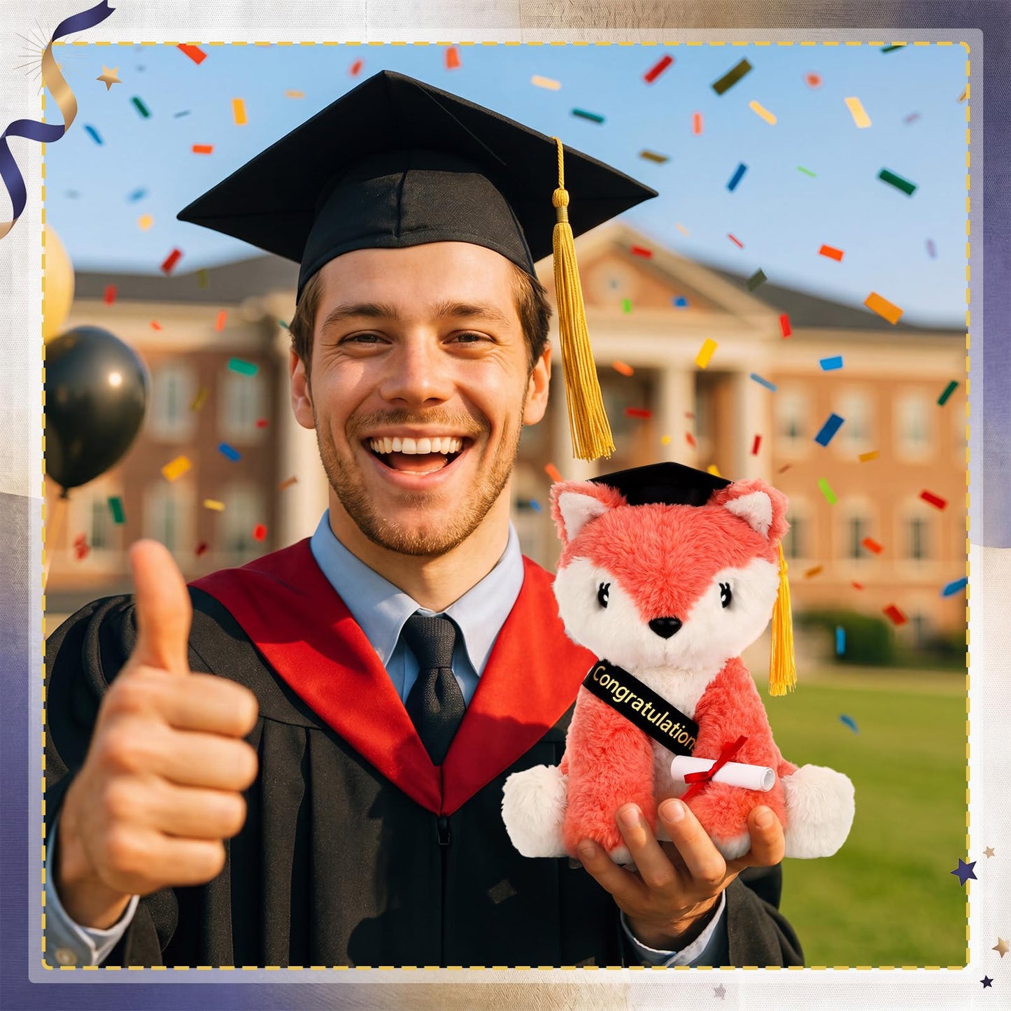Hungdao Graduation Fox Plush Toy Gifts Set 8.6" Fox Stuffed Animal with Black Cap, Sash, Greeting Card and Artificial Rose for 2026 High School College Kindergarten Graduation Party Gifts