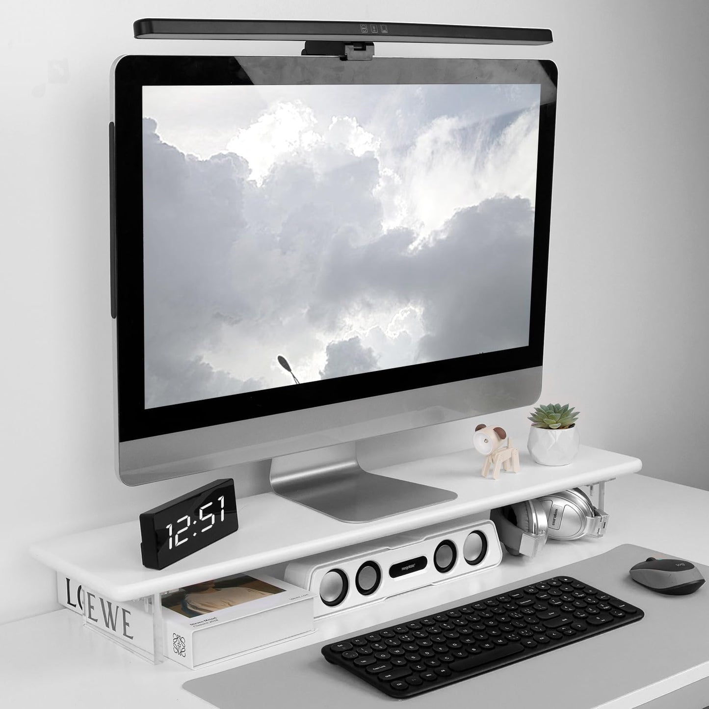 ROCDEER Bamboo Monitor Stand Riser with Acrylic Legs for Desk, 31.5 Inches Desktop Shelf Supports for PC Computer Monitor, Laptops, Printer, Speakers (White)