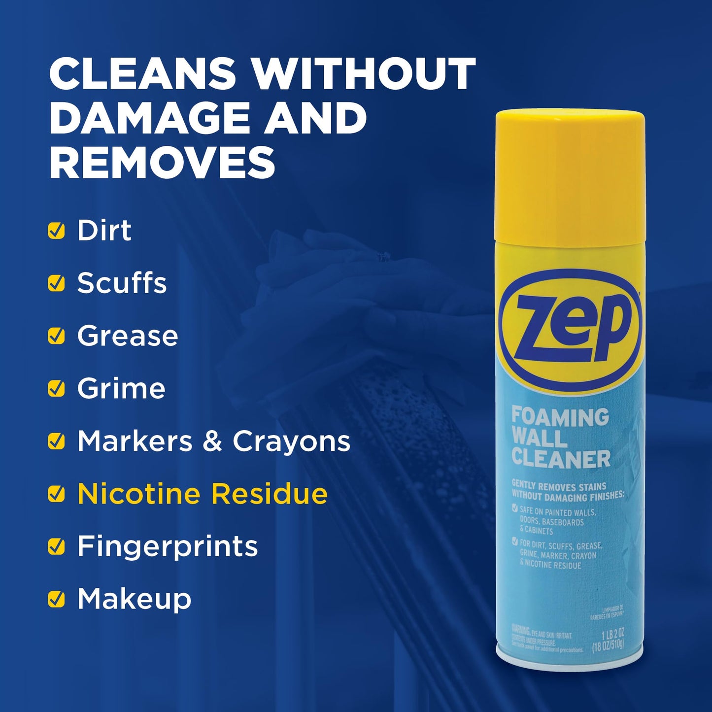 Zep Foaming Wall Cleaner - 18 oz (Case of 12) - ZUFWC18 - Removes Stains Without Damaging Finishes, Scrub-Free Wall Cleaner Spray, For Ceilings, Walls, Baseboards And More