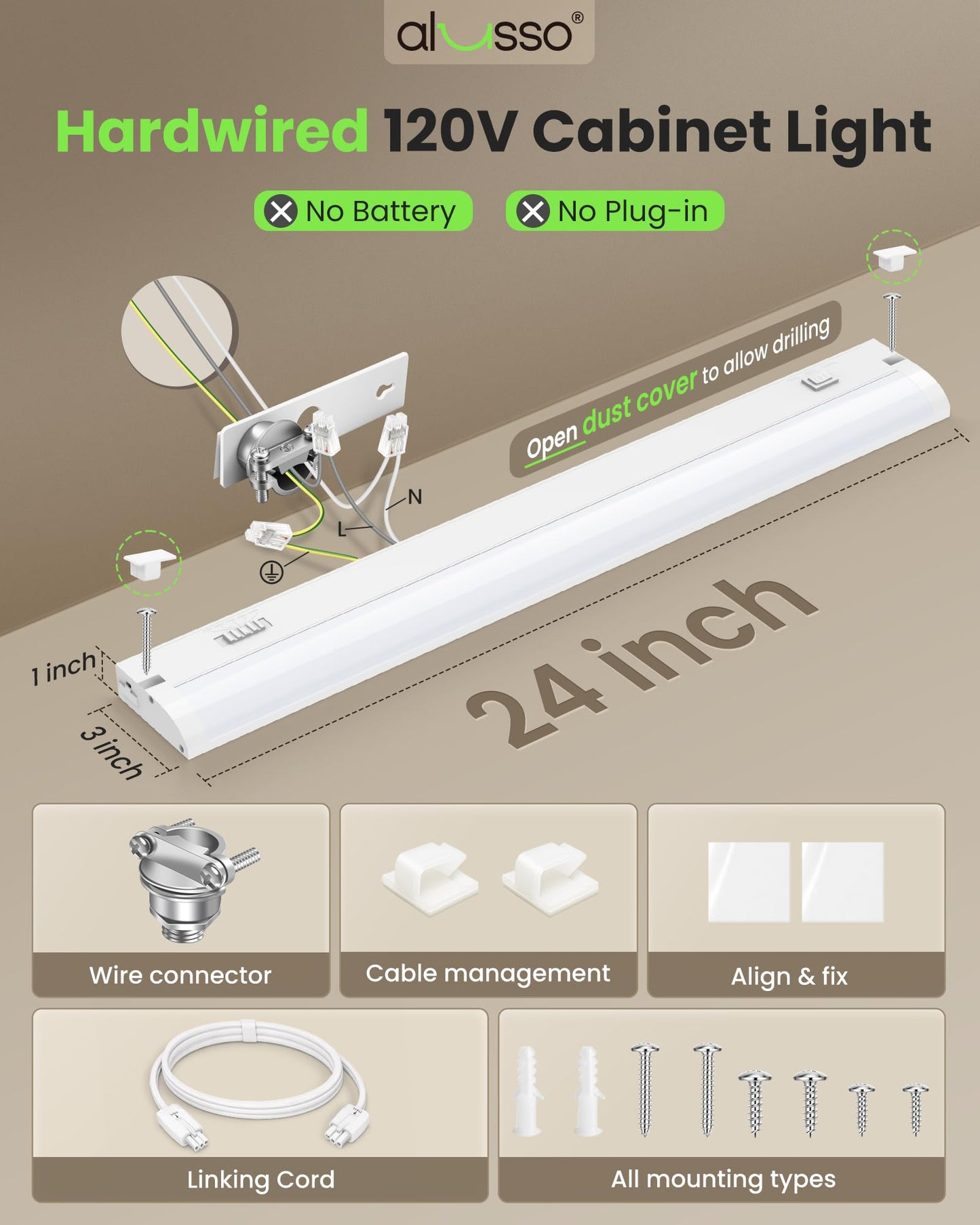 ALUSSO 24 Inch LED Under Cabinet Lighting Hardwired 120V, 5CCT Color Selectable 2700K-5000K Dimmable 15W 1200LM High Brightness, CRI 90+ Strip Linkable Under Counter Lights for Kitchen Sink, 1 Pack