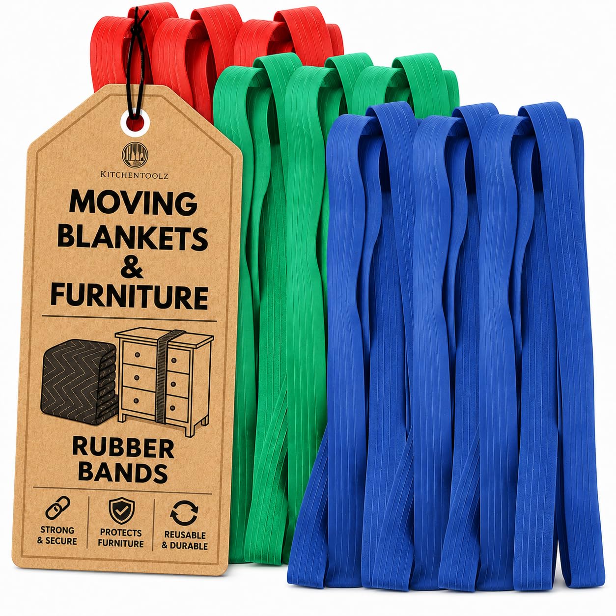 12 Pack Variety Extra Large Moving Rubber Bands for Furniture and Moving Blankets - Extra Strength Rubber Mover Bands - 42", 36" and 30" Length - Moving Supplies by Kitchentoolz