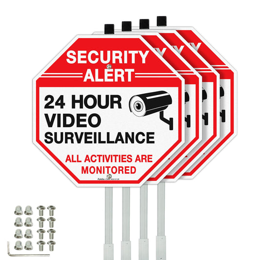 Faittoo Security Sign Video Surveillance Sign with 36" Stake for Outside, 4-Pack 12"x12" Rust Free Heavy Aluminum, Reflective, Fade Resistant, 2 pre-drilled holes, Includes Matching Screws & Wrench,