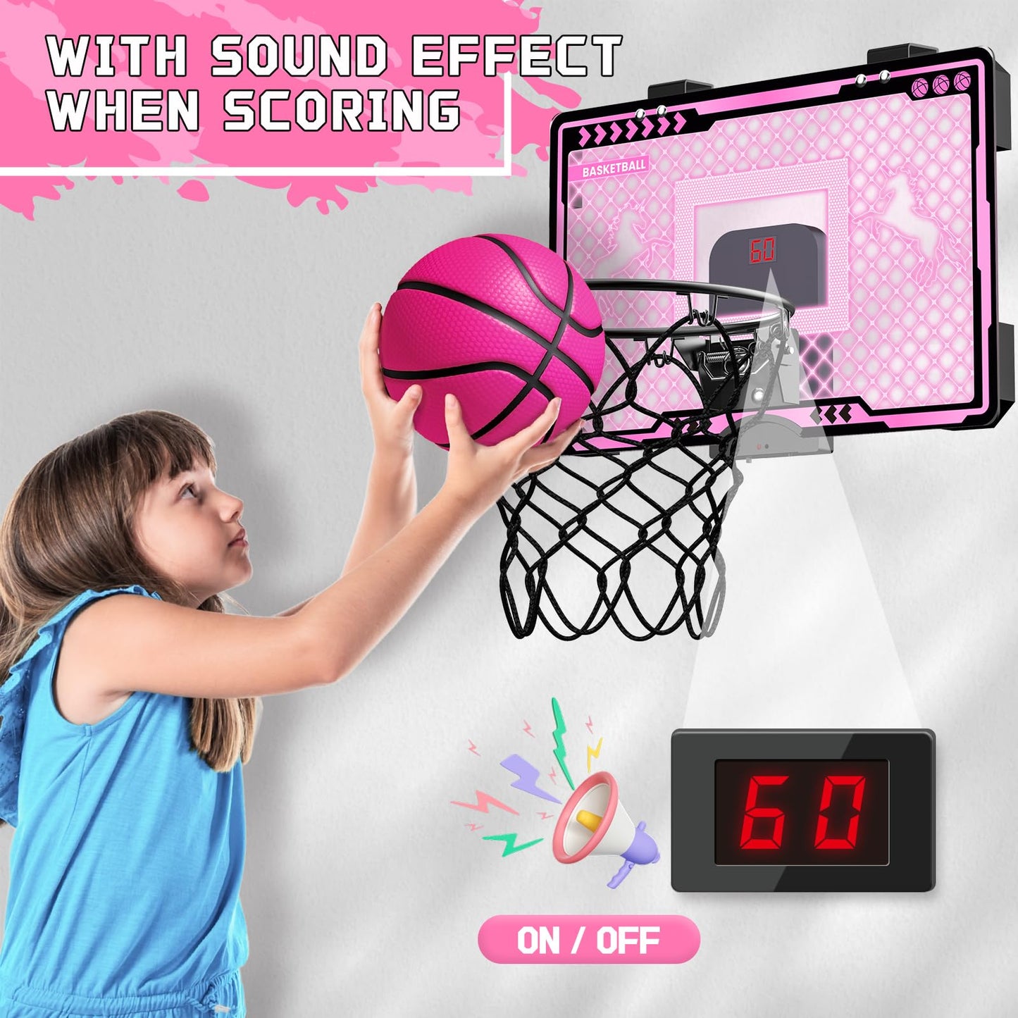 Mini Over The Door Basketball Hoop Indoor Kids Girls - Unicorn Pink Basketball Hoops with Electronic Scoreboard Toys & 3 Balls, Birthday Gifts Age 5 6 7 8 9 10 11 12 Year Old Girls