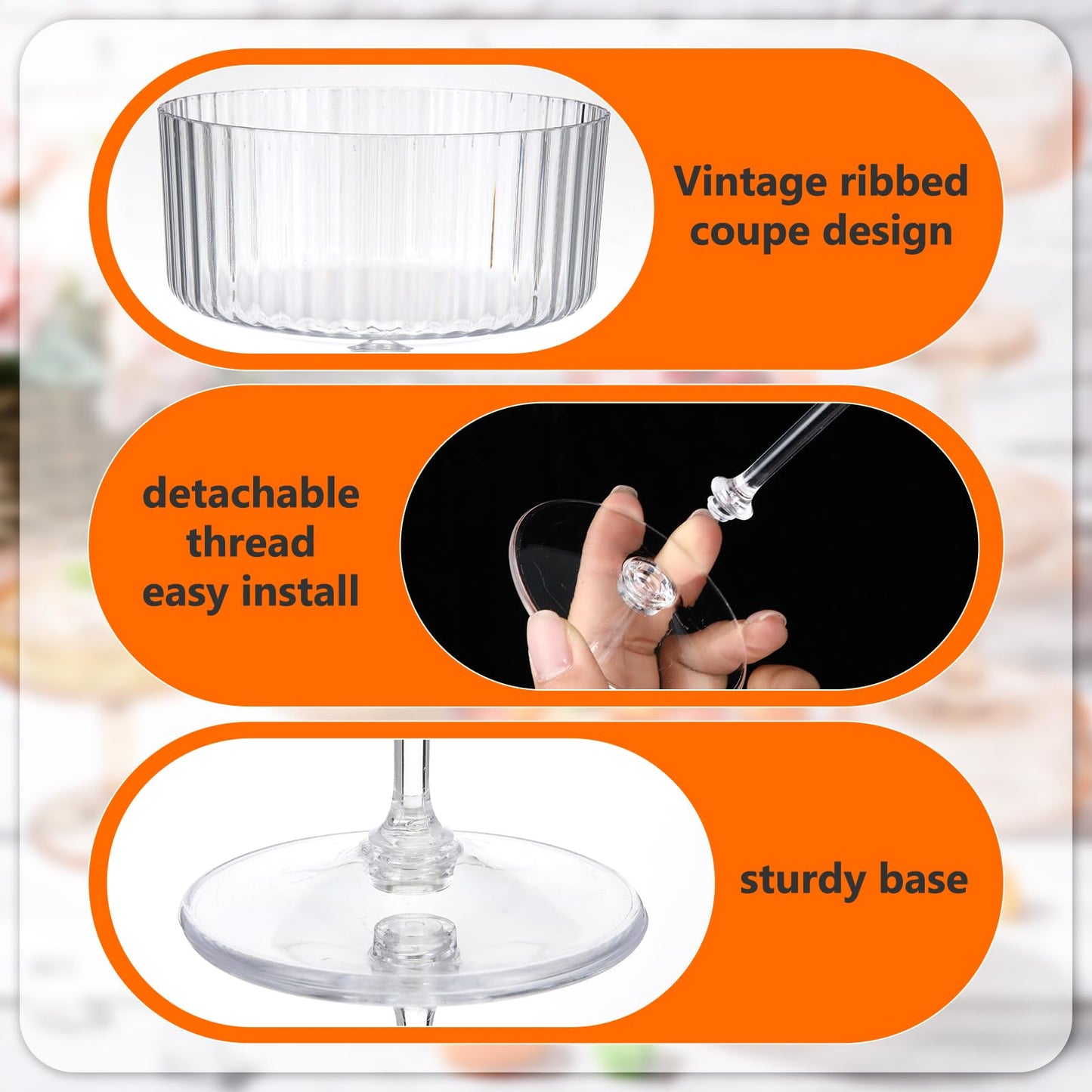 Jingmore 24 Pcs Ribbed Martini Glasses 10 oz Disposable Plastic Vintage Ribbed Coupe Glasses Unbreakable Dessert Parfait Glassware for Wedding Birthday Party Supplies (Clear)
