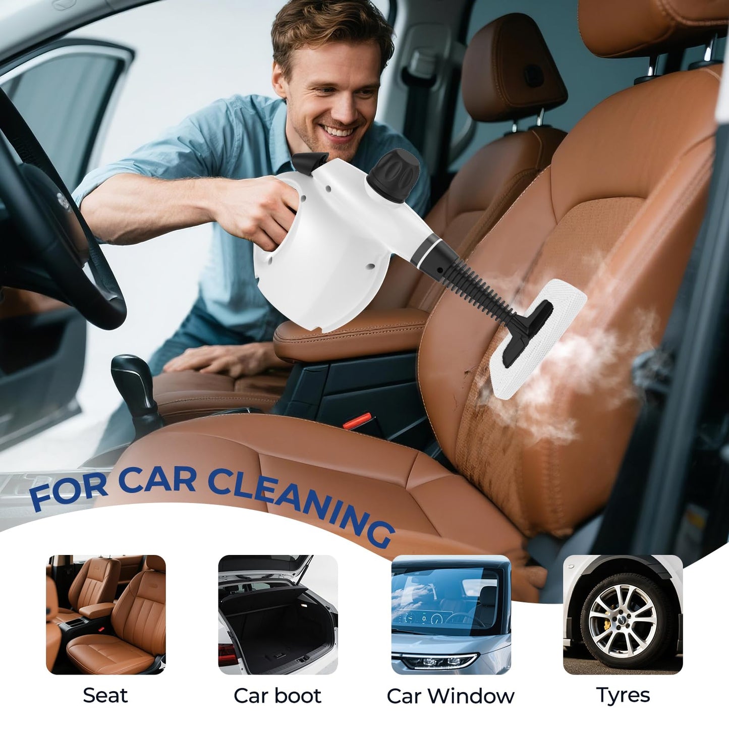 Steam Cleaner, Pressurized Handheld 13pcs Multi-Purpose Natural Deep Cleaning Steamer, Portable Steamer for Cleaning Home, Grout, Kitchen, Car, Window, Upholstery, Bathroom and Clothes, White