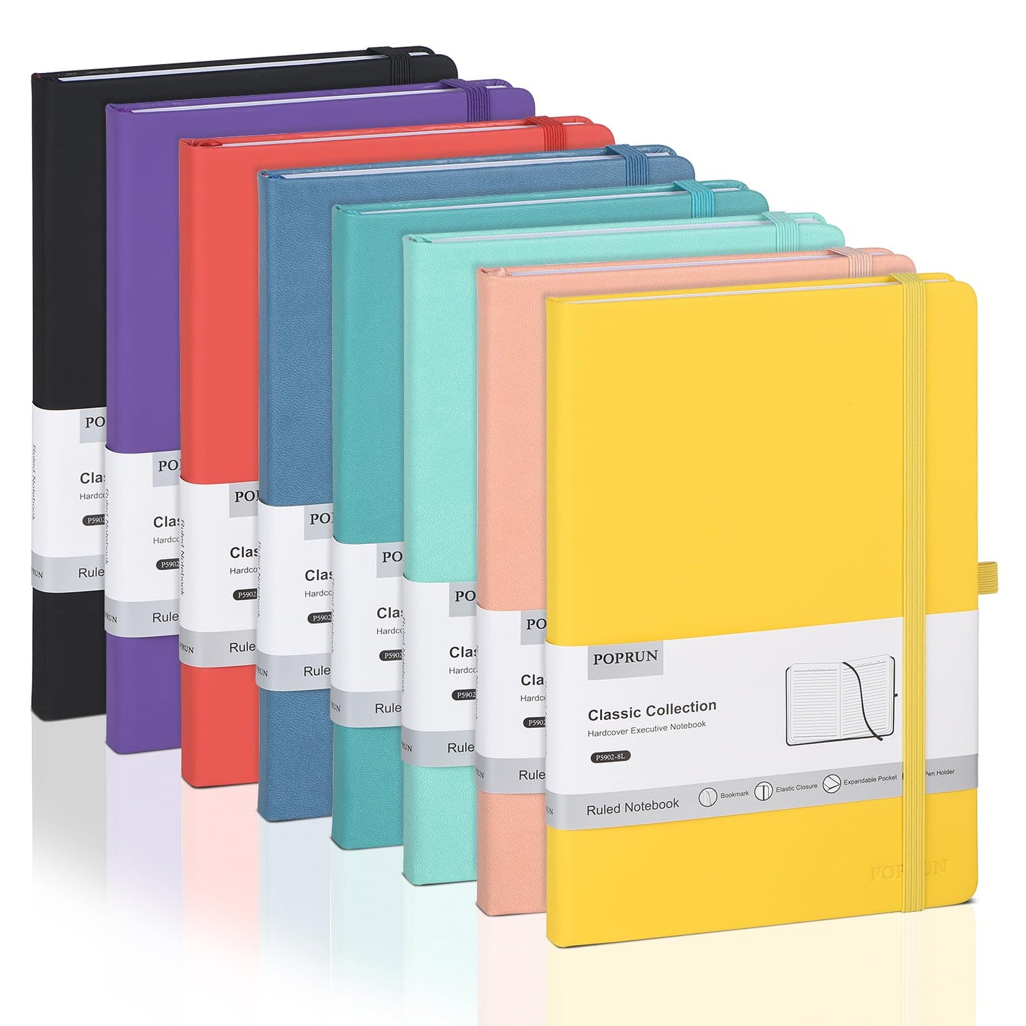 POPRUN Lined Journal Notebook 8 Pack, A5 College Ruled Hardcover Notepad 5.5" x 8.3" 240 Pages, A5 Medium PU Leather Notebooks for Office, School Supply, Note Taking, Business, Multicolored