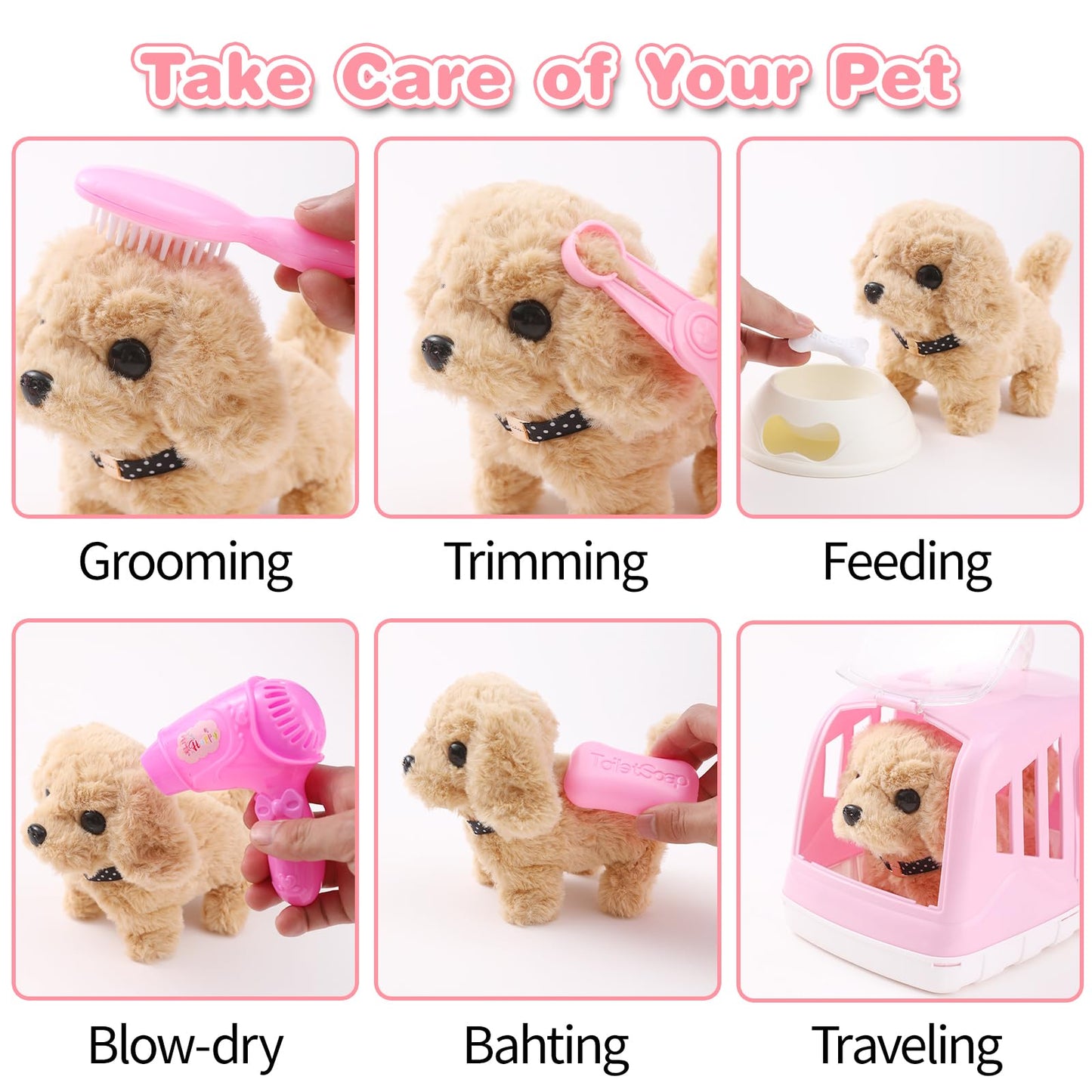 Volmop 14 Pcs Dog Toys for Kids Walking Barking Electronic Interactive Plush Puppy Toy with Carrier and Accessories Pet Care Toy Set for Kids Girls Boys 3 4 5 6+