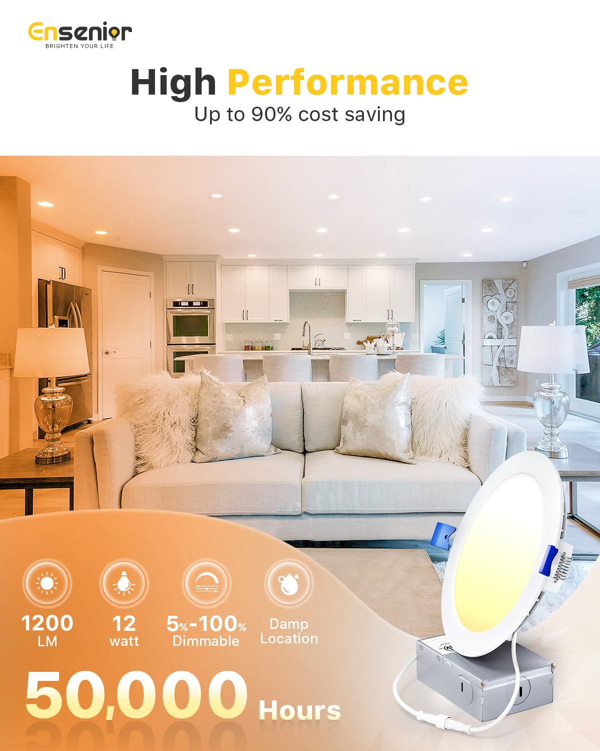Ensenior 6 Pack 6 Inch LED Recessed Light, Dimmable, 5000K Daylight, 1050LM High Brightness, 12W 120V, Damp Rated, Ultra-Thin Canless Wafer Ceiling Light - ETL & FCC & IC