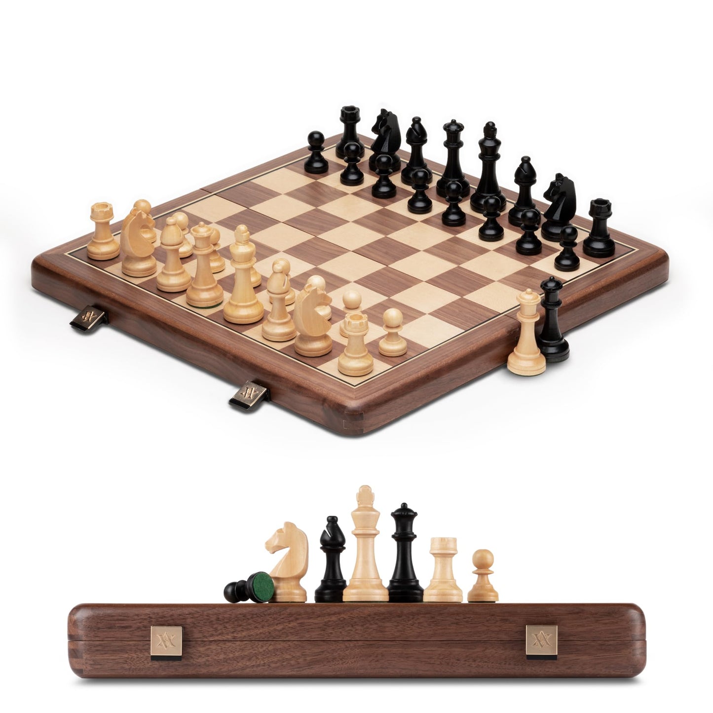 A&A Premium Natural Walnut Folding Chess Board Game Set, 15" Wooden Chess Board & 3" King Height Staunton Chess Pieces with 2 Extra Queens, Portable Travel Chess Set with Storage Bag for Adults & Kids
