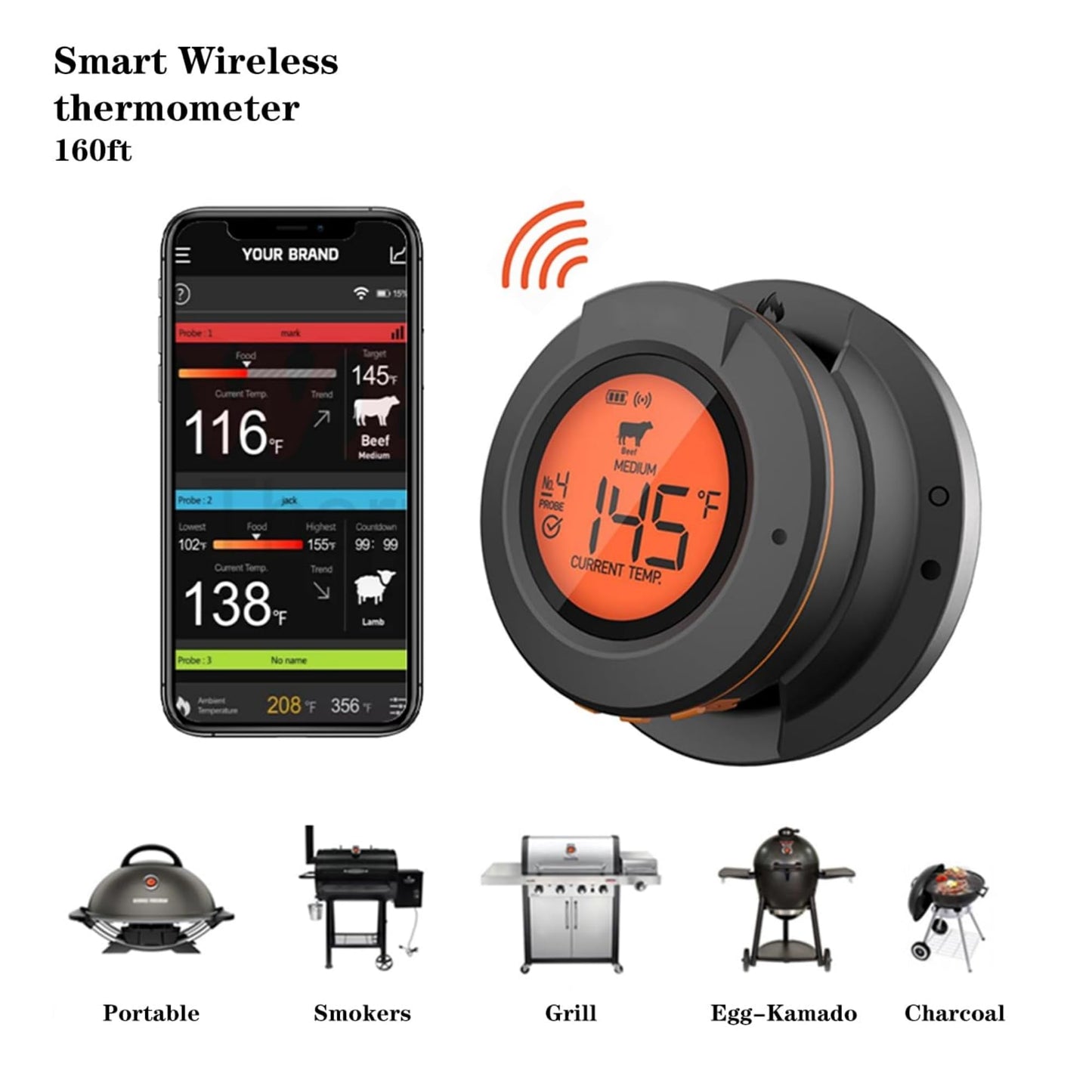Acesidn Smart Pro Bluetooth BBQ Meat Thermometer for Grilling-Out Side Wireless Meat Temperature Monitor for Smoker-Waterproof-Supports 4 Probes- Includes 4 Stainless Steel meater Probes