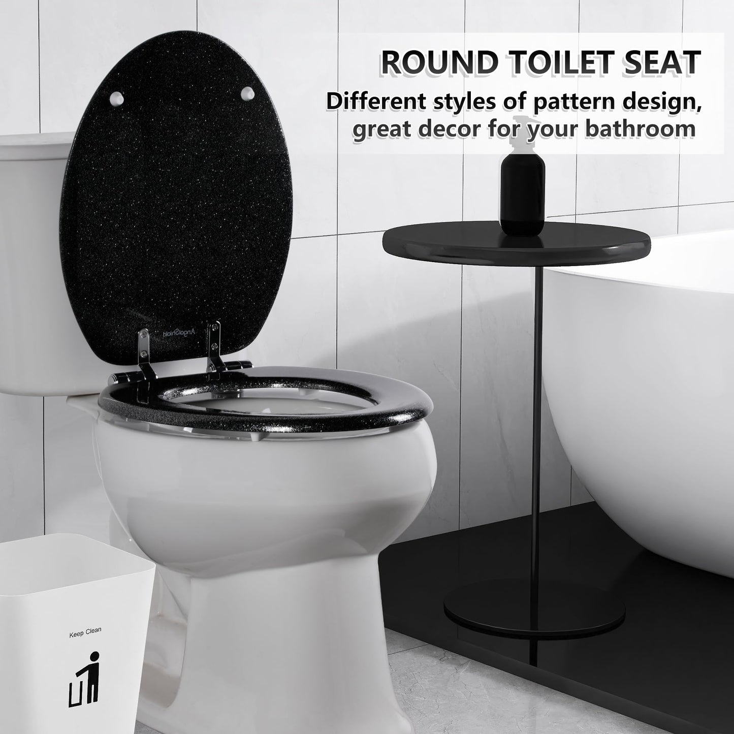 Angol Shiold Glitter Toilet Seat Molded Wood Elongated Toilet Seat with Quietly Close and Quick Release Hinges, Easy to Install also Easy to Clean (Elongated 18.5'', Black)