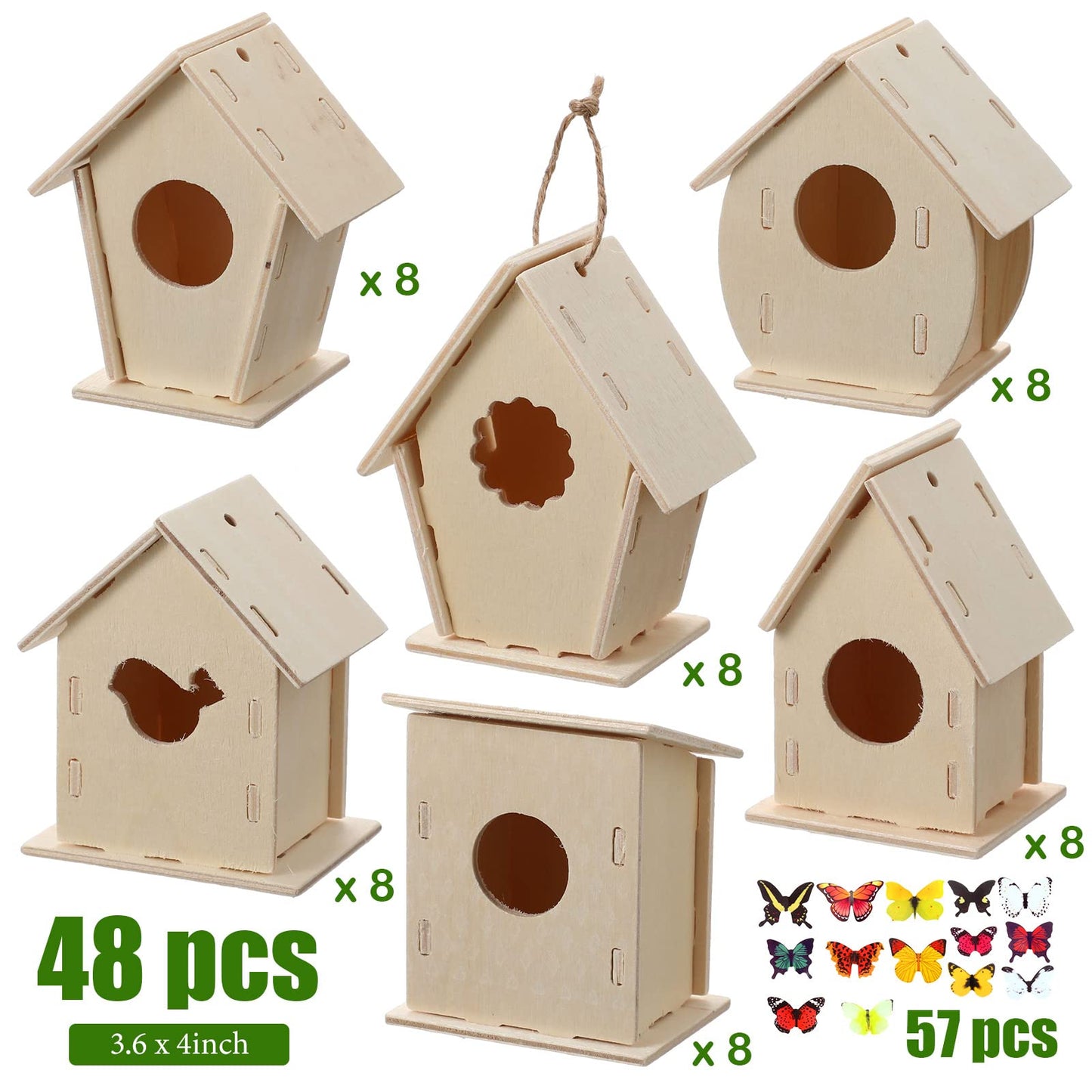 Sawysine 107 Pcs DIY Birdhouse Kits for Kids Ages 5-8 8-12, 48 Wooden Bird House Kits in 6 Shapes and 57 Butterfly Sticker for Children Spring Craft Activity Art DIY Project(Cute Style)