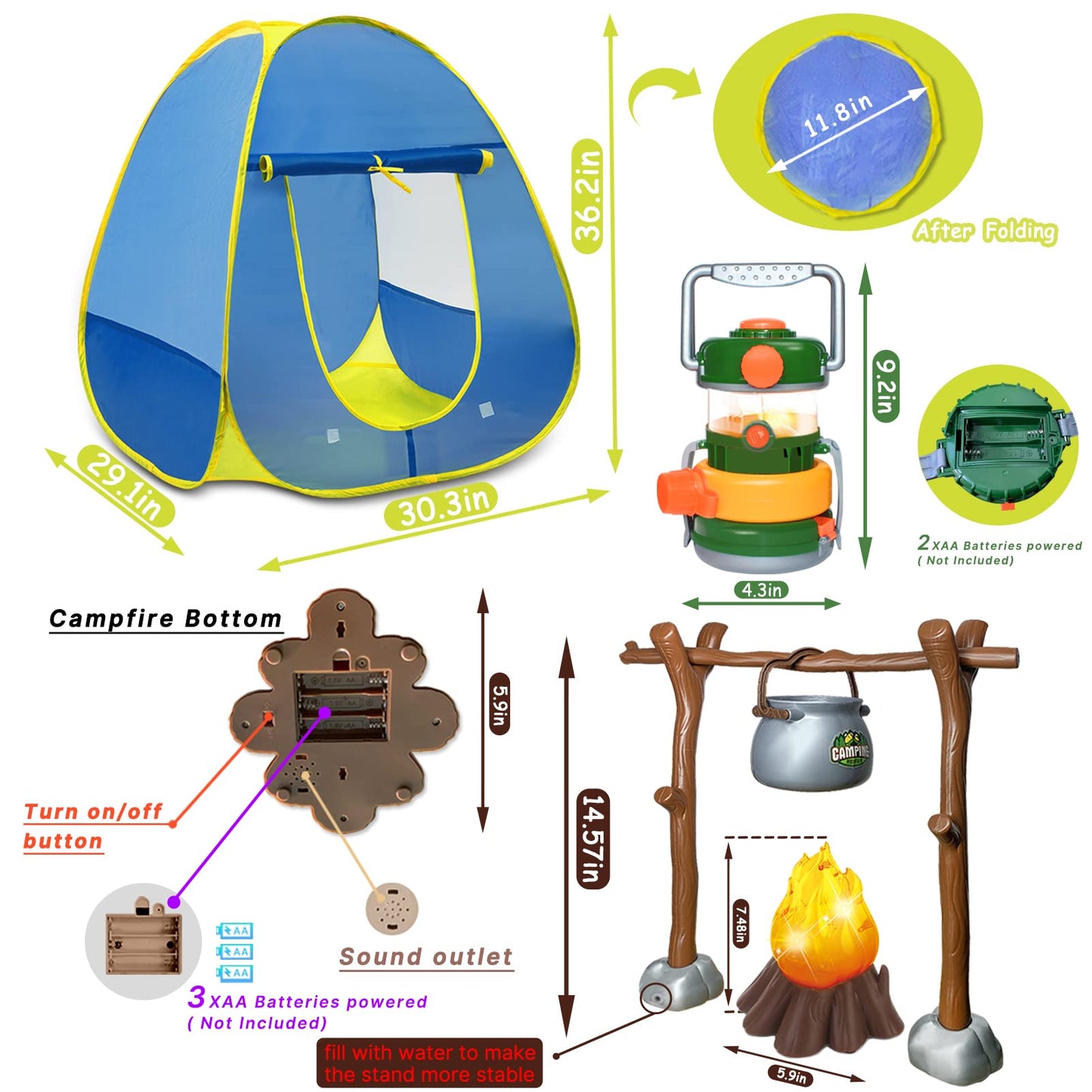 MITCIEN Kids Tent with Campfire Camping Kit for Toddlers Oil Lantern with Sound, Cut Fruits, Marshmallow Skewers, Camping Toys for Boys and Girls