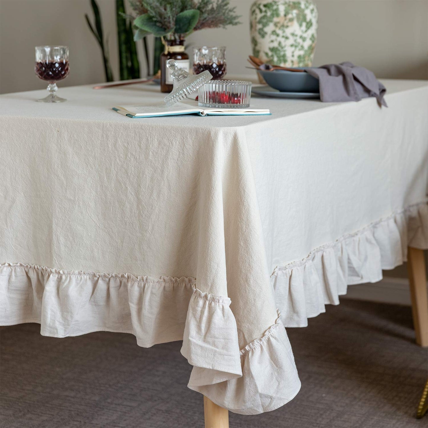 GLORY SEASON Retro Farmhouse Ruffle Tablecloth Cotton Flounces Trim Washable Table Cover Tablecloths for Rectangle Table Baby Shower Kitchen Party Wedding Decor,60''x120''