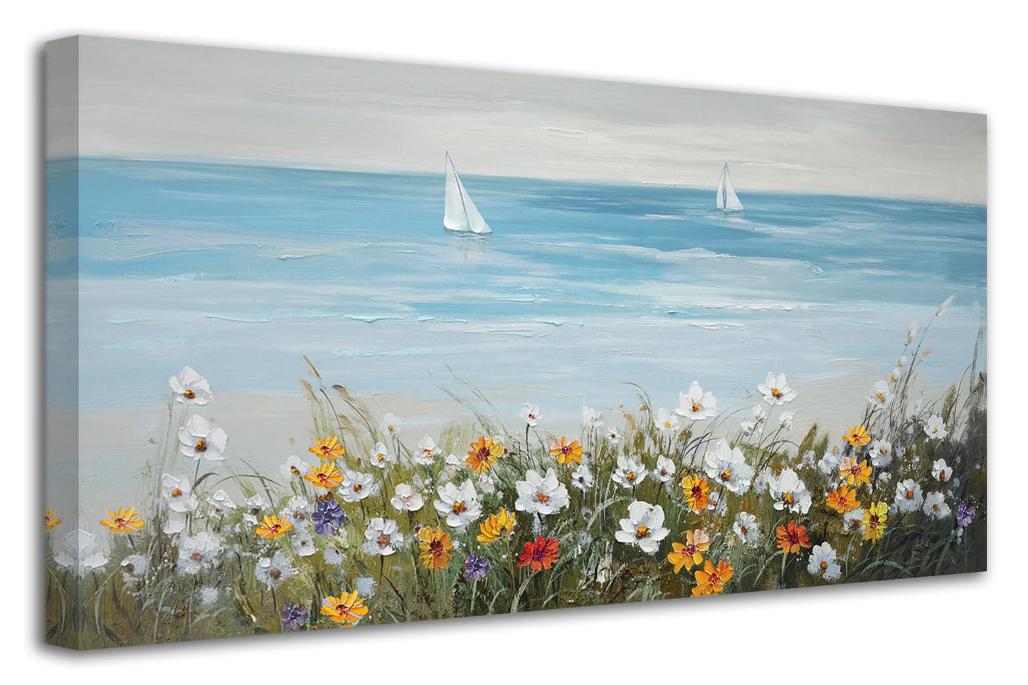 Ardemy Blue Coastal Wall Art Canvas for Living Room, Sailboat Painting Bedroom Picture Textured Artwork Large Framed Dining Room Kitchen Home Office Decor 40"x20"