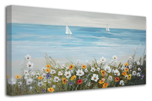 Ardemy Blue Coastal Wall Art Canvas for Living Room, Sailboat Painting Bedroom Picture Textured Artwork Large Framed Dining Room Kitchen Home Office Decor 40"x20"