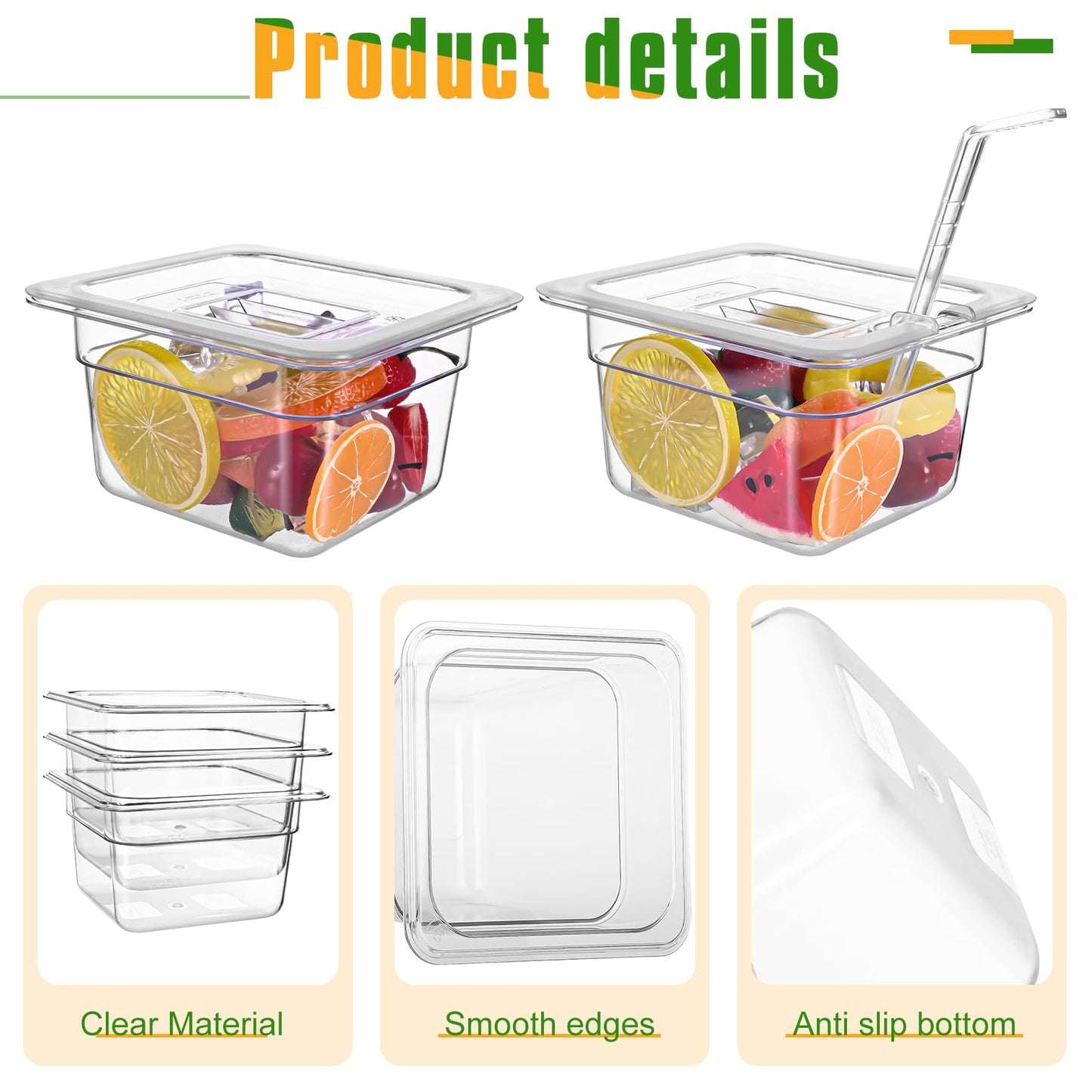 PYQTH 12 Pack Plastic Clear Food Pan with Lids, 1/6 Size 4'' Deep Commercial Stackable Polycarbonate Pans Hotel Food Storage Pan with 1 Pcs Spoon for Fruits Vegetables