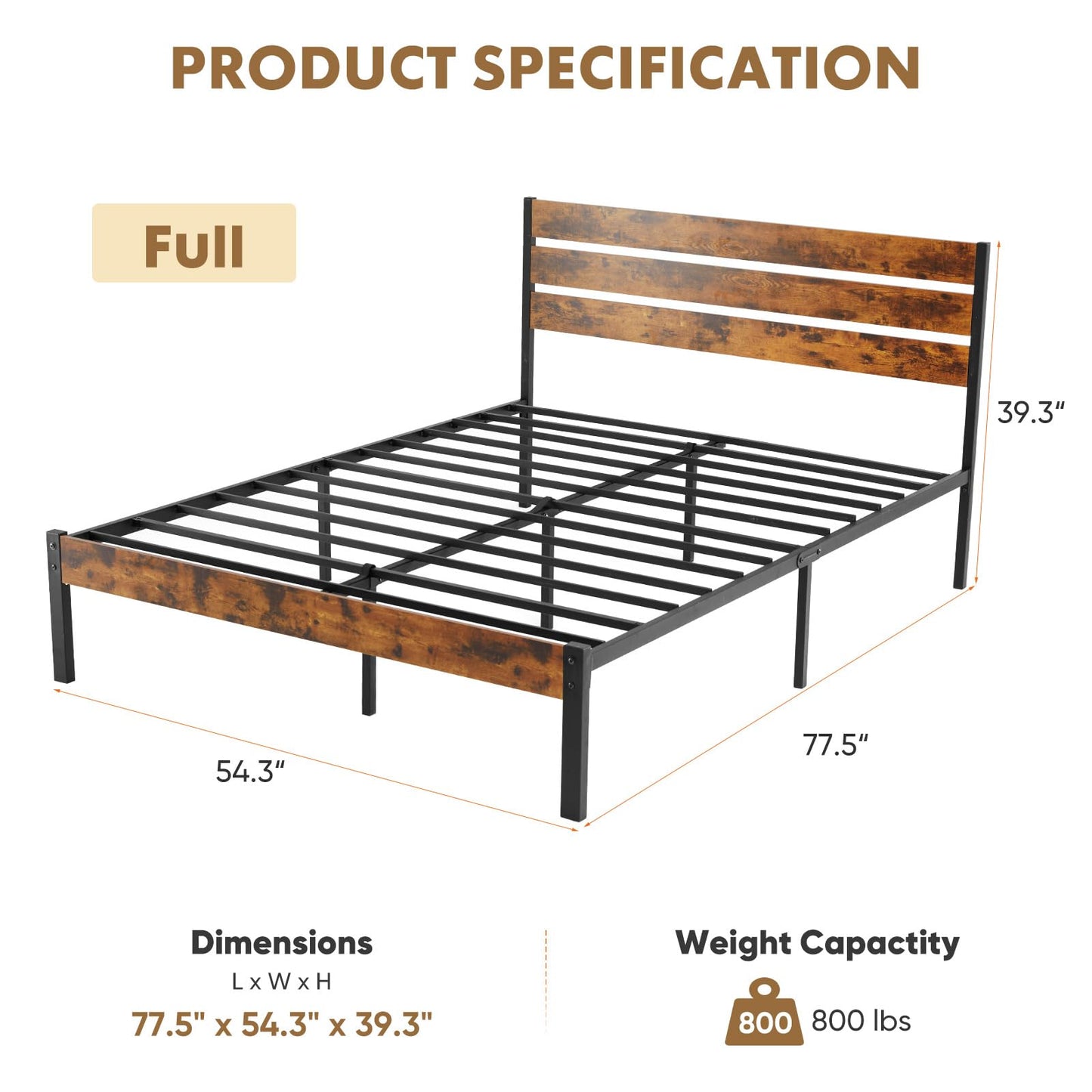 OLIXIS Full Size Bed Frame with Headboard, 800LBS Mattress Foundation with All Sturdy Metal Support, Under Bed Storage, No Box Spring Needed, Easy Assembly, Rust Brown
