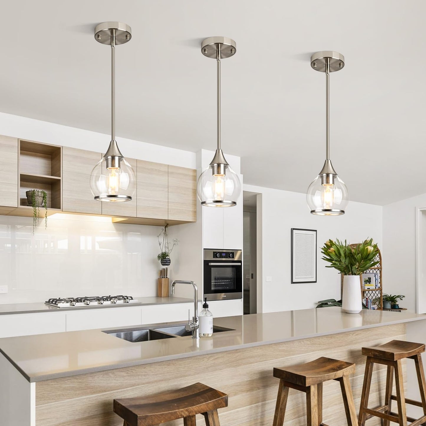Zoaklighen 1-Piece Brushed Nickel Island Light for Kitchen, 1-Light Brushed Nickel Hanging Pendant Light with Clear Round Glass Shade for Dining Room,Bedroom