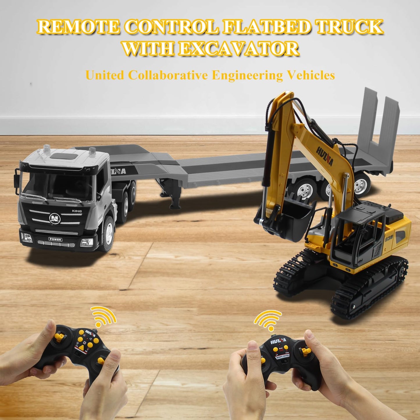 Fistone RC Semi Truck & Excavator Set, 2.4Ghz Remote Control Toys, 1:24 RC Semi-Trailer Engineering Tractor With Sound and Lights, Construction Vehicles for Boys