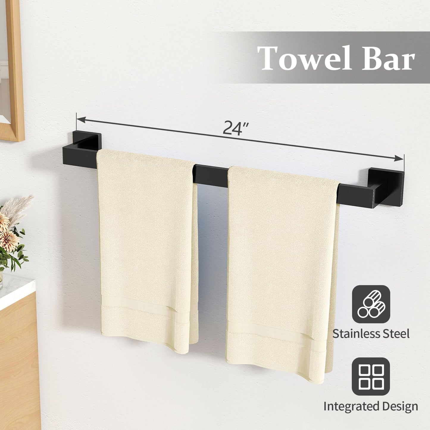 STWWO 10-Piece Matte Black Bathroom Hardware Accessories Set, 24 inch Towel Bar, Stainless Steel Towel Racks for Bathroom, Bath Towel Bar Set Wall Mounted
