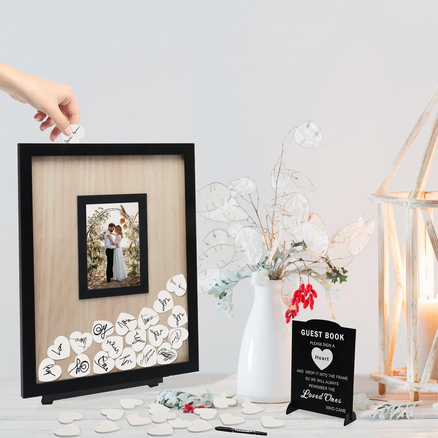 HYMENEX Wedding Guest Book Alternative, Guest Book Wedding Reception, Wedding Guest Book with Wooden Hearts Guest Book Signs for Wedding Anniversary Birthday Party Baby Shower