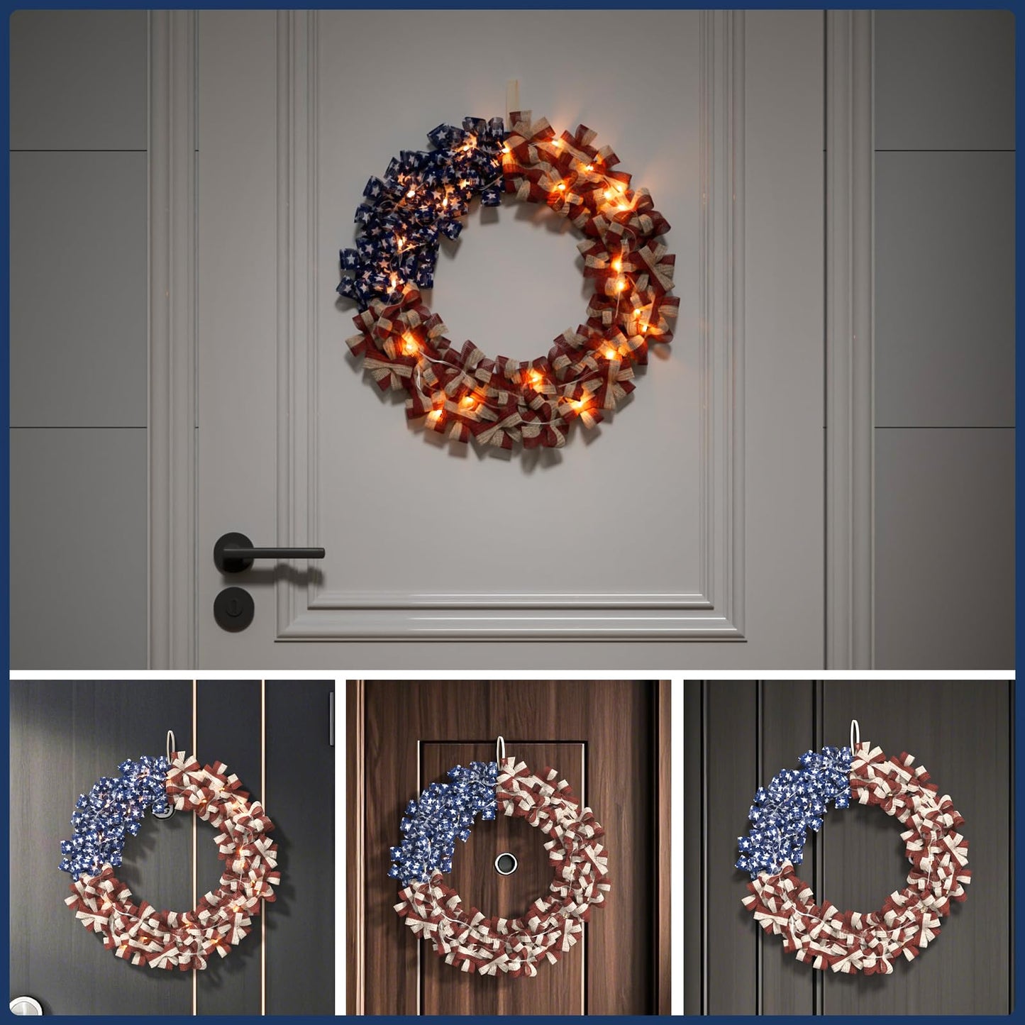Patriotic Wreath 18 Inch American Flag Wreath for Front Door, Burlap Red White and Blue Decor with Stars Stripes and Timer-Equipped Light Strip for 4th of July Memorial Day Veterans Day
