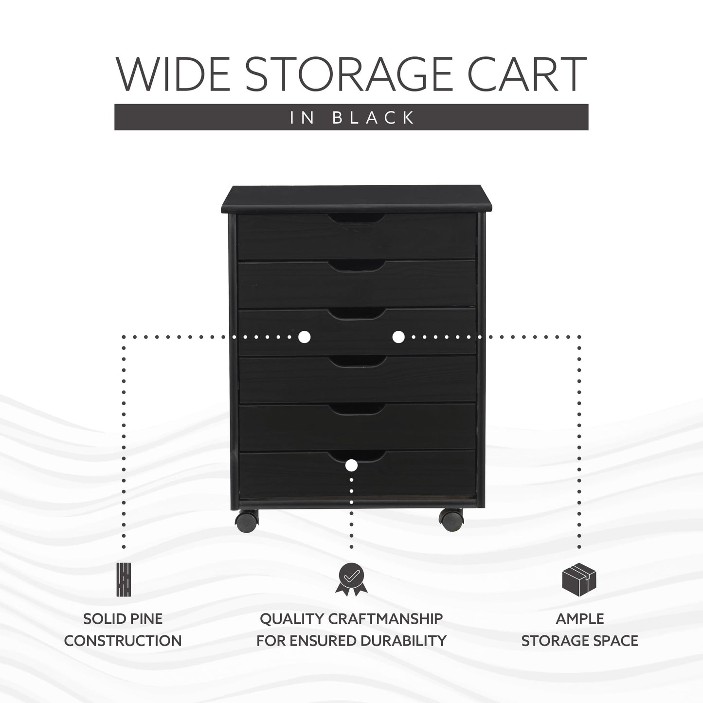 Linon Corinne Black Six Drawer Wide Rolling Storage Cart