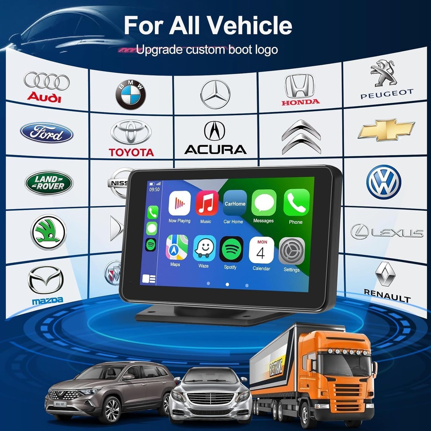 Portable Wireless for Apple Carplay/Android Auto Screen for Car, 7 Inch HD Touchscreen Car Play with Backup Camera, Mirror Link, Bluetooth, FM Transmitter, Voice Control for All Vehicles