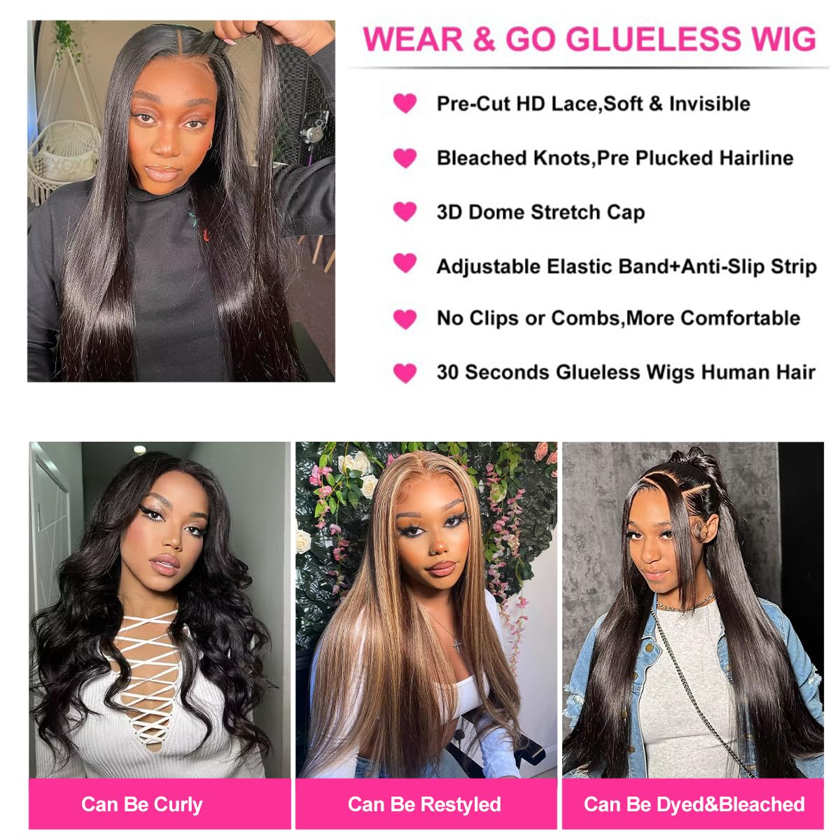 JUBOTIN 26 Inch Straight Glueless Wigs 100% Human Hair Bleached Knots Upgraded Lace Front Wigs Pre Cut Straight 6x4 Glueless Lace Closure Wigs for Women 180% Density Invisible Melt Skin