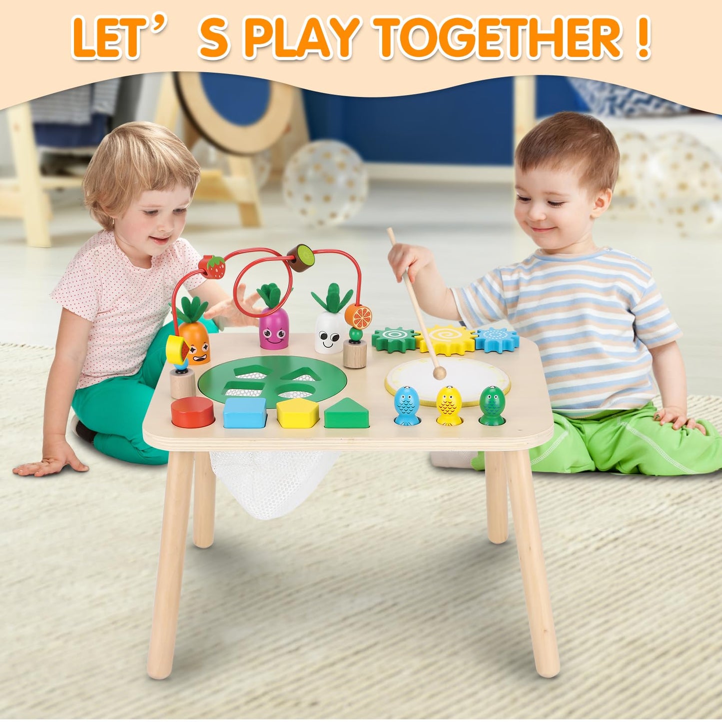 Activity Table for 1+ Year Old, 7 in 1 Wooden Montessori Activity Center Play Table with Drum, Bead Maze Shape Sorter Fishing Game, Kids Sensory Educational Toddler Learning Toys 1st Birthday Gifts