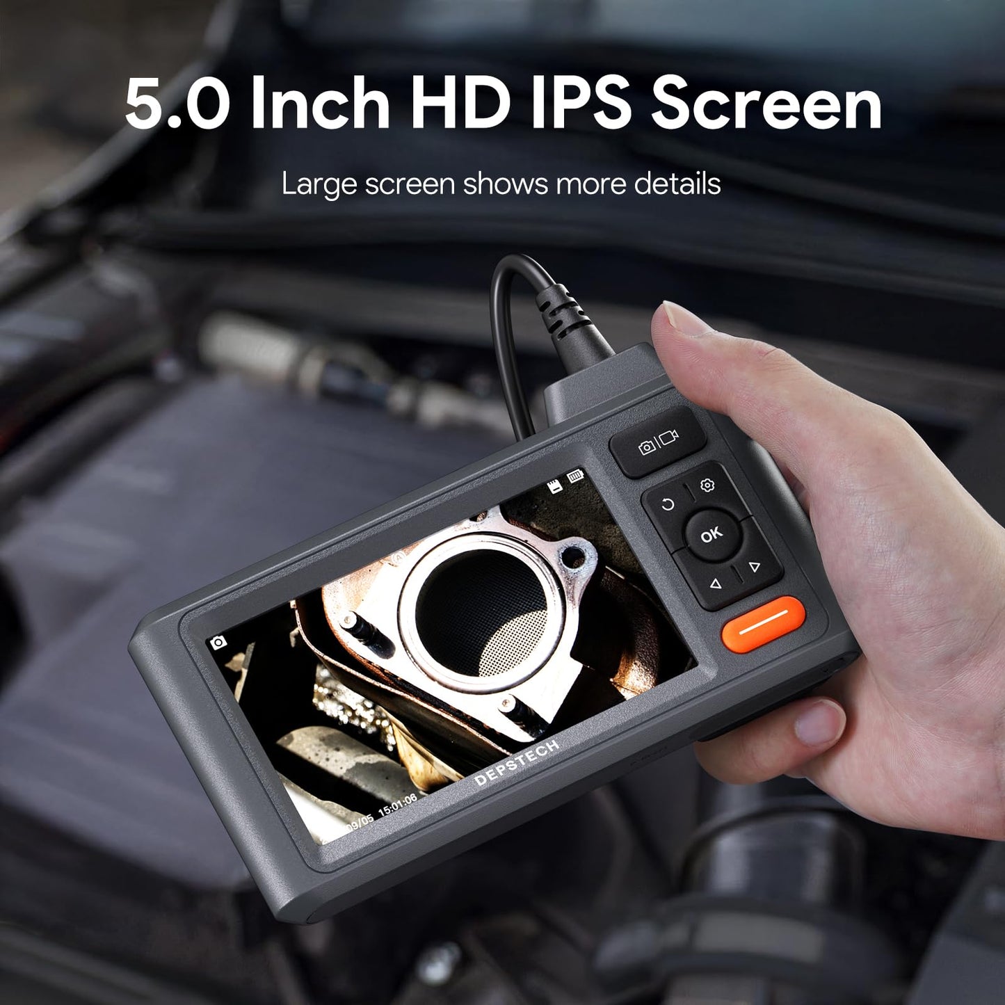 DEPSTECH Inspection Endoscope Camera with Lights: 1080P Triple Lens Snake Camera with 5" Screen and 16.5FT Flexible Cable, Waterproof Industrial Borescope Tool for Auto, Wall, Sewer, Pipe, Mechanics