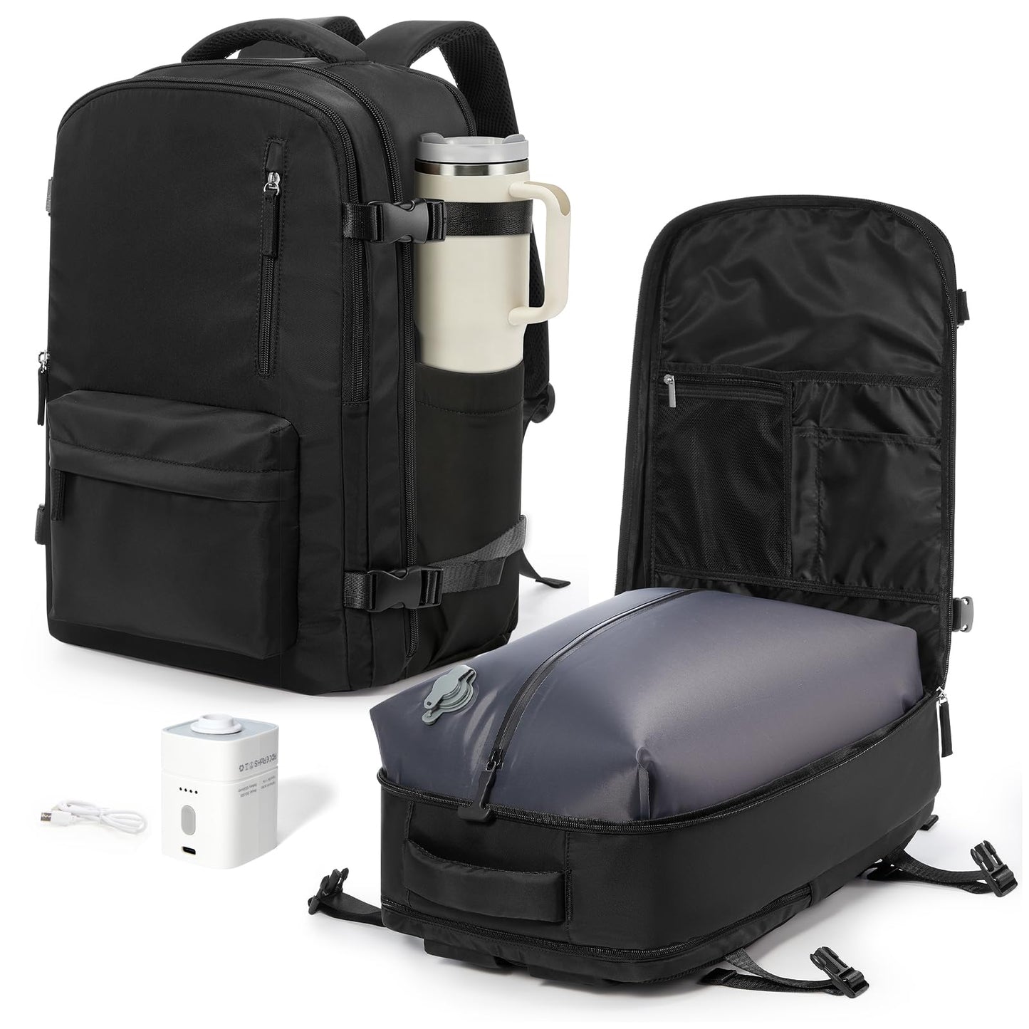 VGCUB Vacuum Backpack Travel with Pump Vacpack System Storage Carry on Work Laptop Business Waterproof College Compression Personal Item Daypack Backpacks for Women Men Black