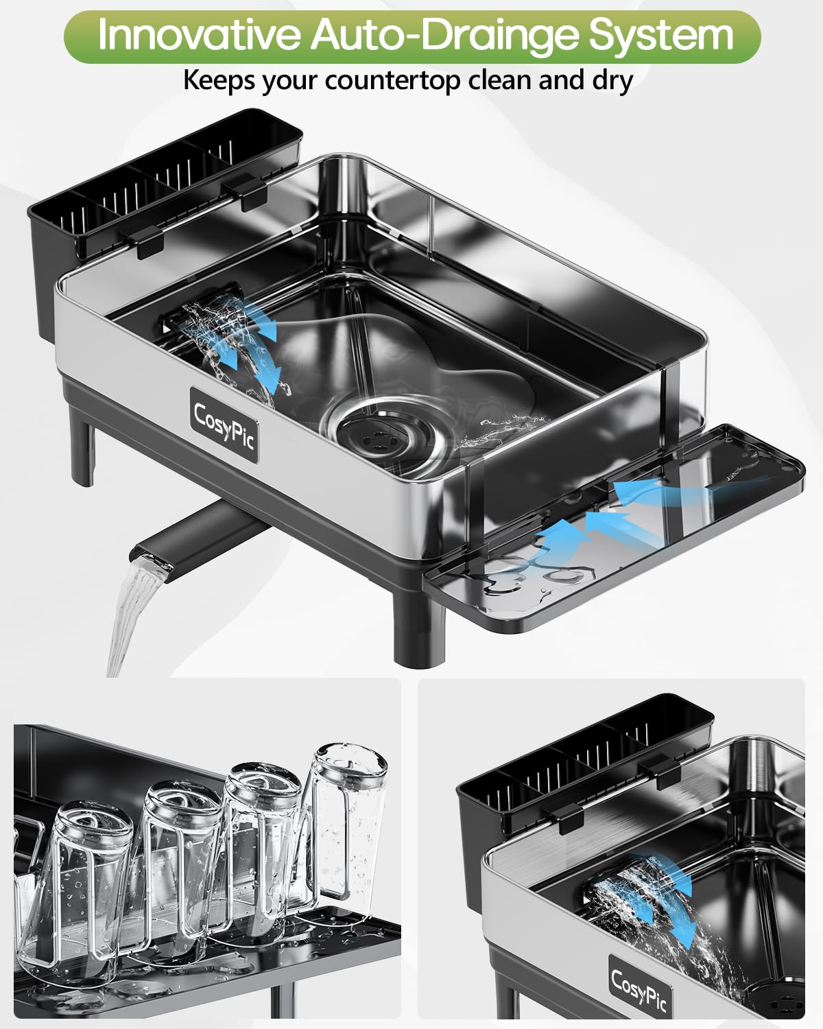 CosyPic Dish Racks, Thicker Premium 304 Stainless Steel Dish Drying Rack for Kitchen Counter, Automatic Drainage Spout, Dish Drainer & Drainboard Set with Utensil Holder and Cup Holder, Black