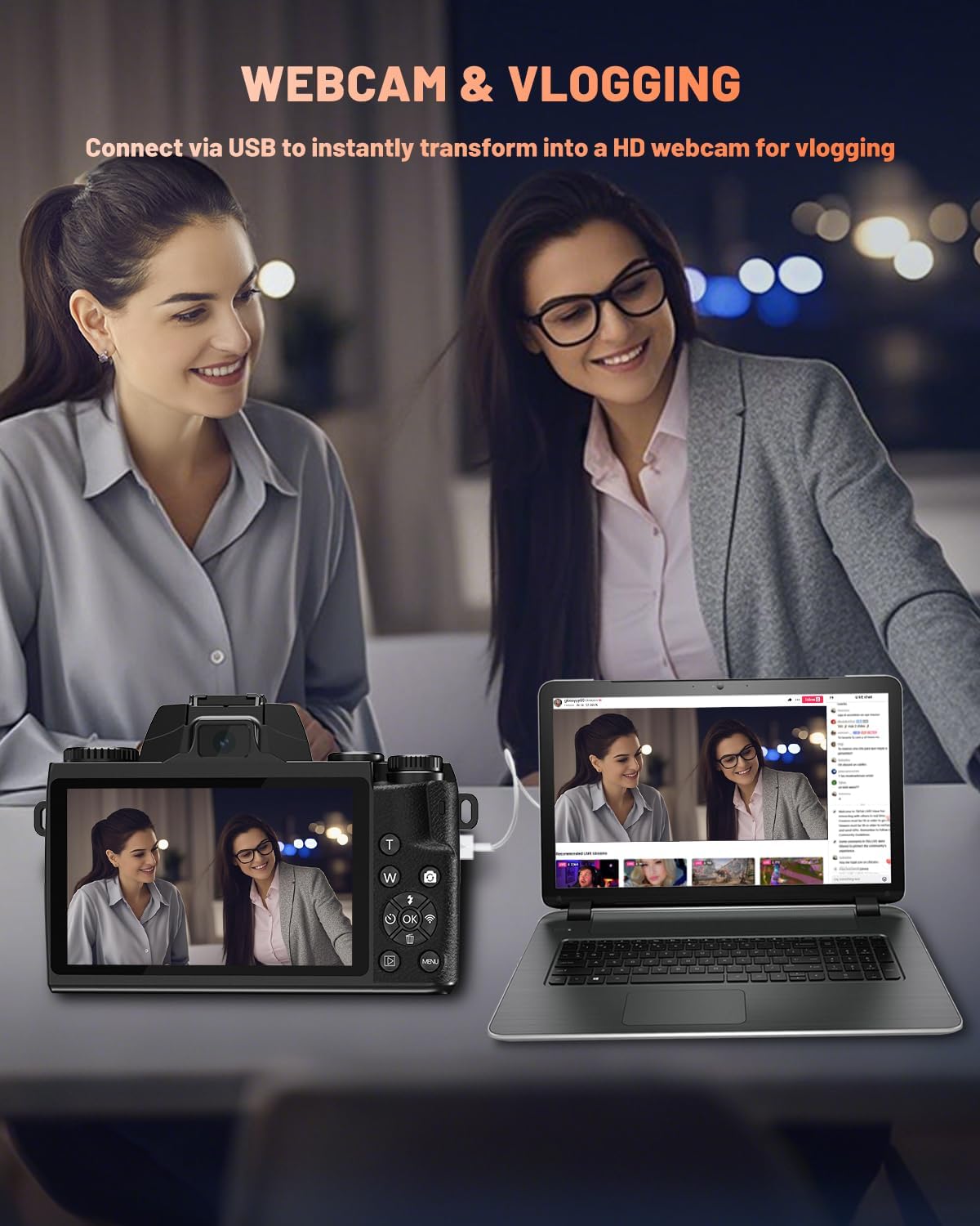 8K 64MP Digital Camera for Photography, Vlogging Camera with Autofocus, WiFi, 4 Inch Touchscreen, 16X Digital Zoom, 3000mAh Battery, Dual-Lens, Lens Hood, 32GB TF Card and Flash,Black