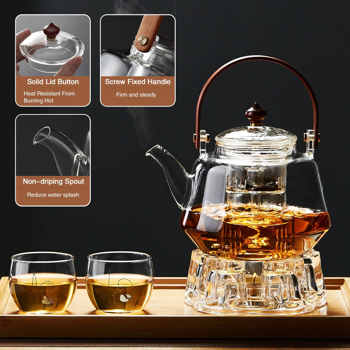 DOPUDO 40oz Glass Teapot with Anti-Drip Spout, Peach Wood Handle and Lid, Heat-Resistant Borosilicate Glass, Dual Infusers for Steaming and Boiling