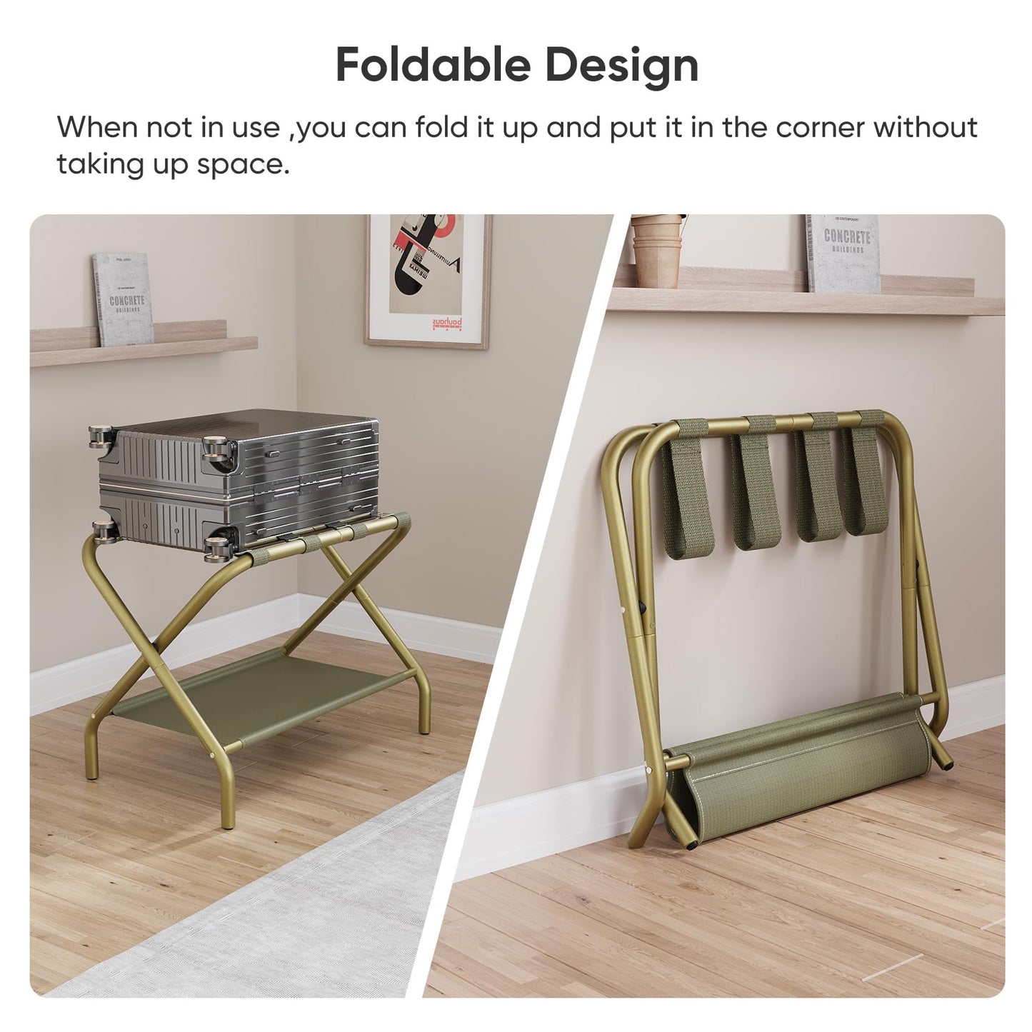 Smuxee Gold Luggage Rack Pack of 2, Foldable Suitcase Stand with Fabric Storage Shelf, Luggage Holder with 4 Nylon Straps for Hotel Guest Room Bedroom