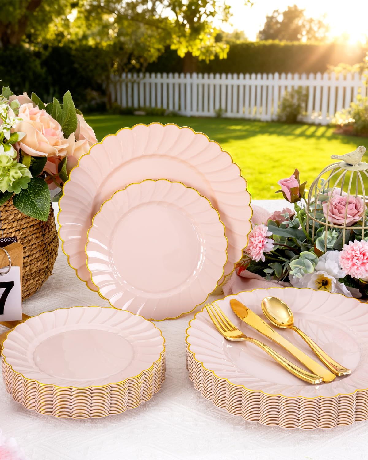 YOUBET 100PCS Pink Scalloped Plastic Plates - Heavy Duty Gold Disposable Fancy Hard Plates Include 50 Dinner Plate, 50 Dessert Plate, for Wedding & Party