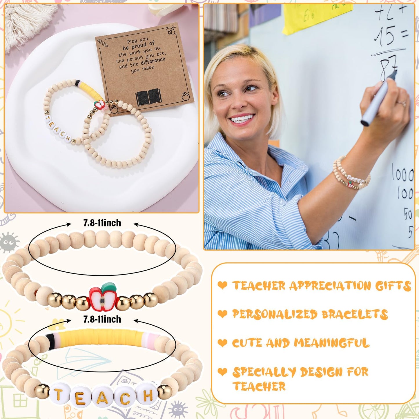 Juinte 6 Sets Teacher Appreciation Gifts Crochet Pencil Dolls with Thank You Teacher Card and Bracelet Presents for Teacher's Day Positive Graduation End of Year from Students