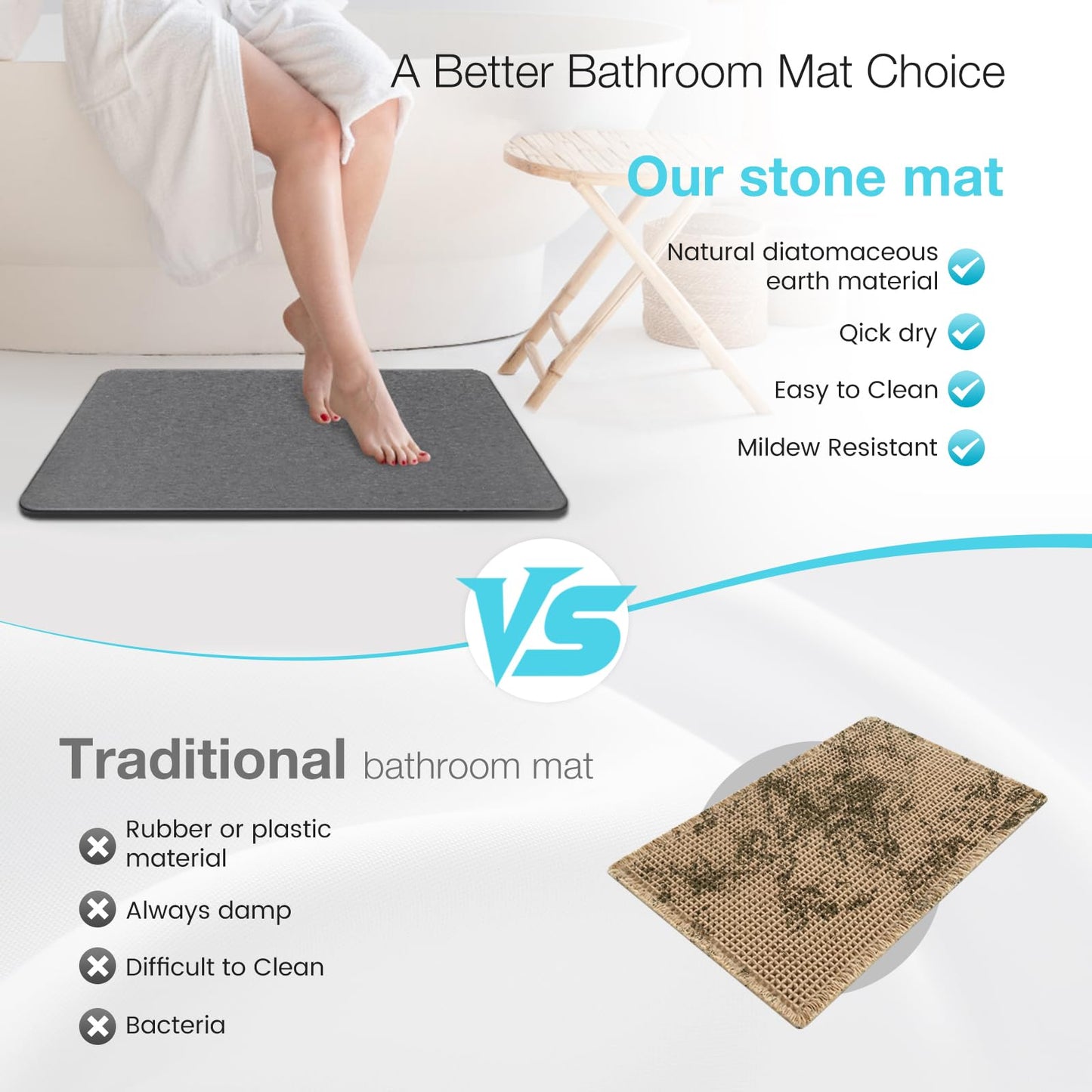 Greenturf Large Diatomite Stone Bath Mat, Premium Non-Slip Natural Diatomaceous Earth Bathtub Fast Drying Mats for Bathroom Floor (30" x 17" Dark Grey)