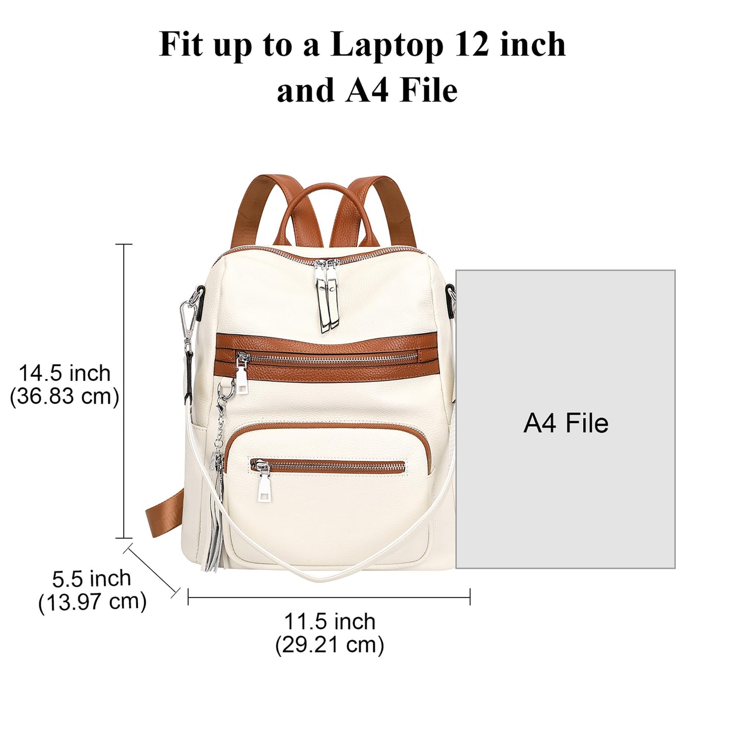 ALTOSY Genuine Leather Backpack Purse for Women Large Shoulder Bag With Laptop Compartment Multiple Pockets (S106 Beige/Brown)